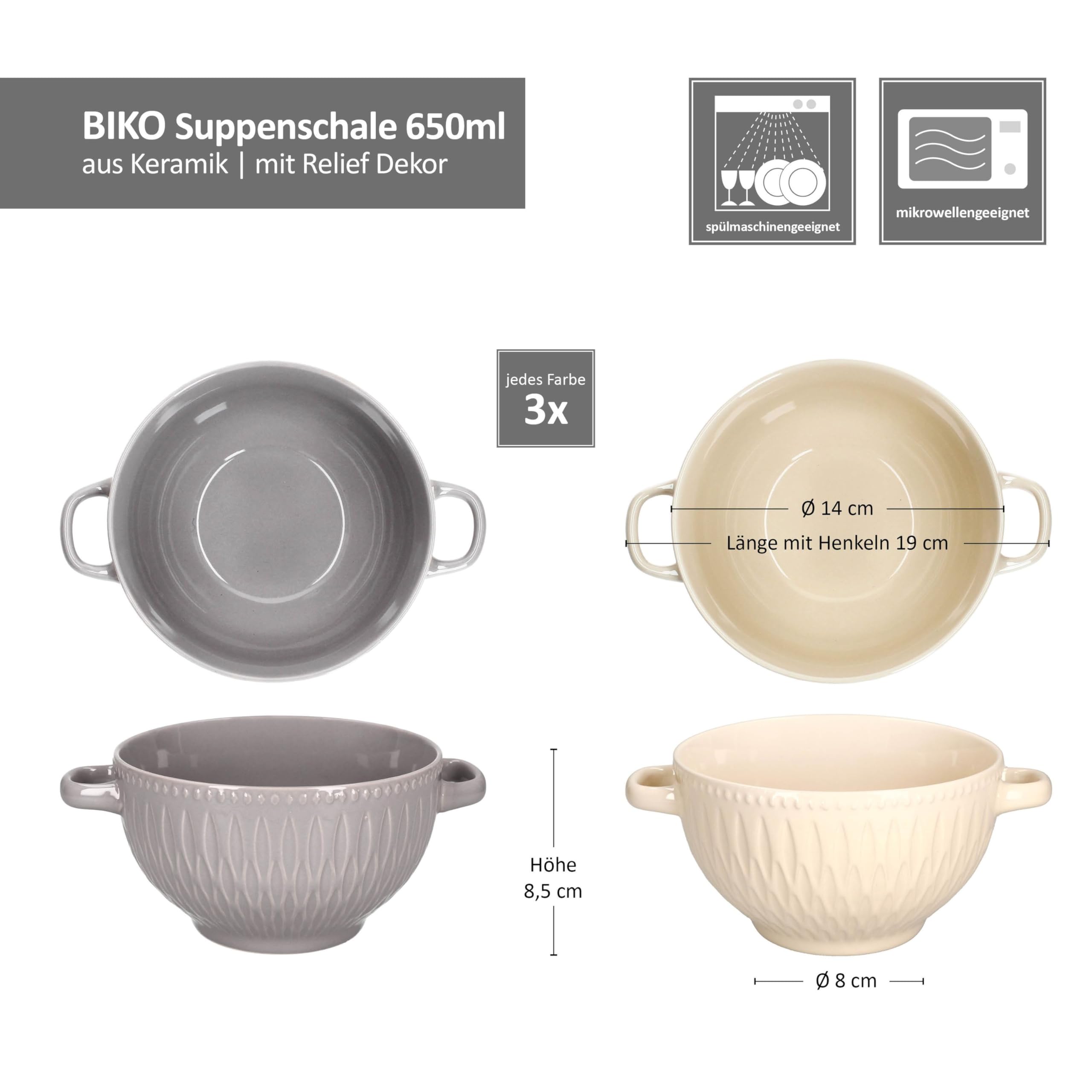 MamboCat Biko 6er Set Suppentassen I 650ml I 6 Personen I Keramiktassen in je 3X Vanille & Grau I Suppentasse mit Henkeln & Reliefdekor für Suppe, Eintopf, Bowl & Ramen
