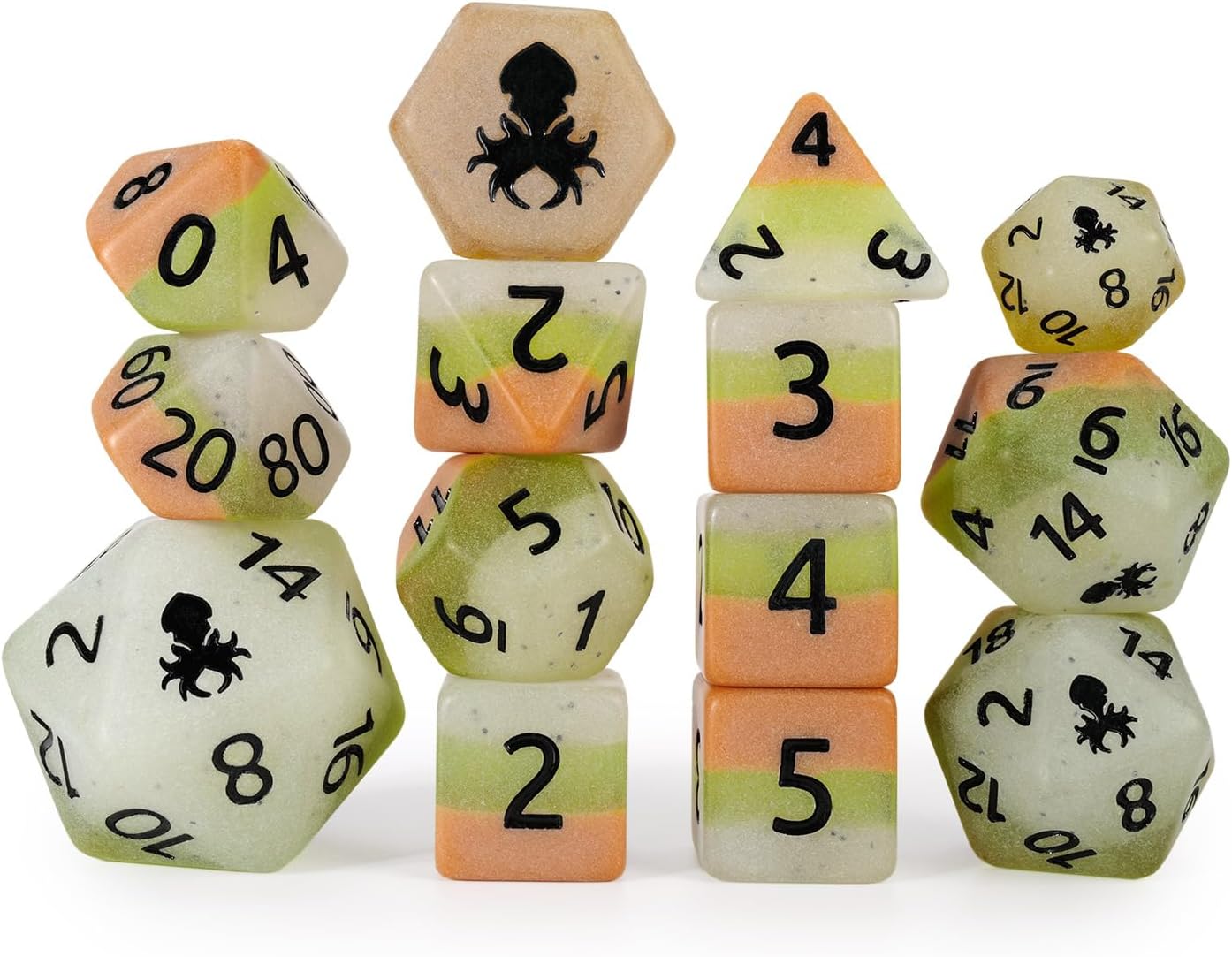 Kraken Dice Kiwi Glow in The Dark 14pc Dice Set Inked in Black