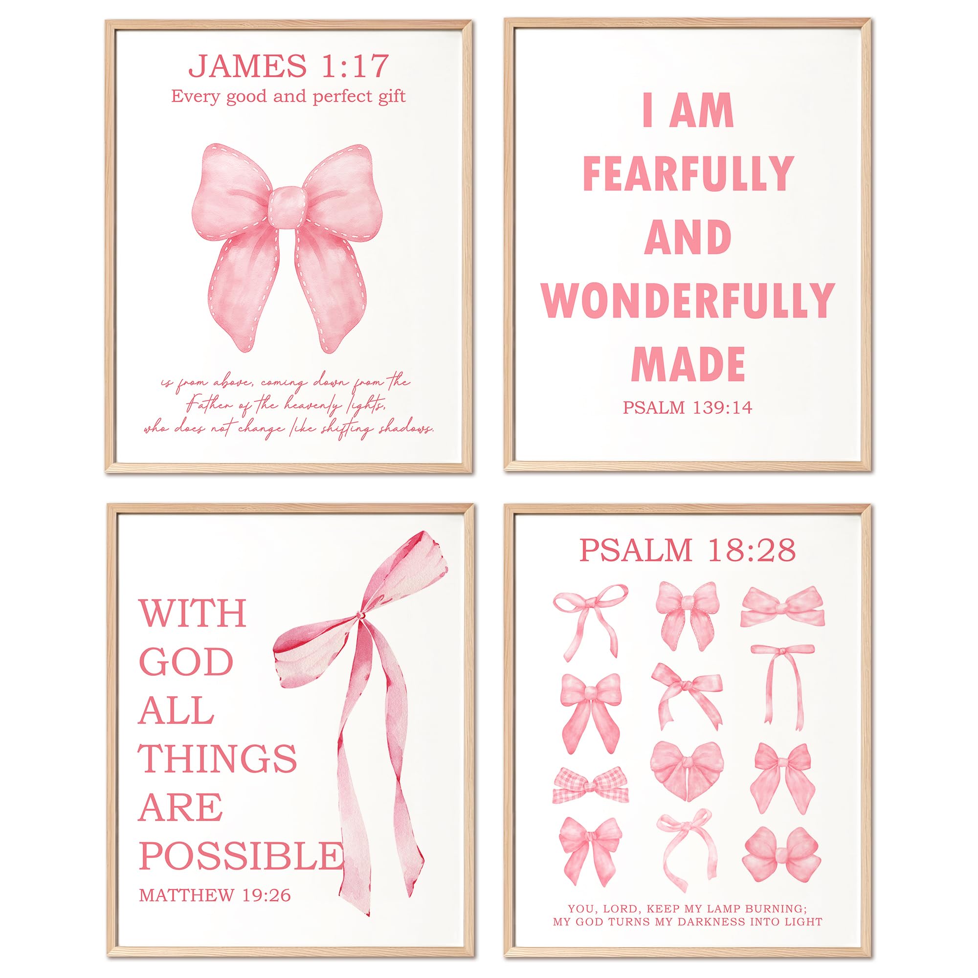 Kaderas Girls Bow Coquette Pink Posters Room Decor For Preppy Teens, Aesthetic Christian Wall Art For Bedroom Dorm, Inspirational Bible Verses Unframed Prints