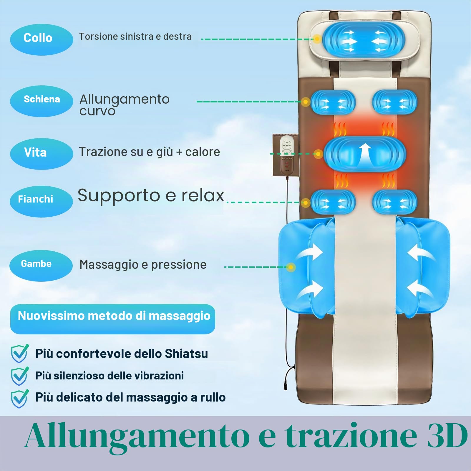 Tappetino massaggio completo con airbag stretching e riscaldamento, trazione lombare, cuscinetto 3D, 4 modalità, 3 intensità, 3 livelli calore, pelle