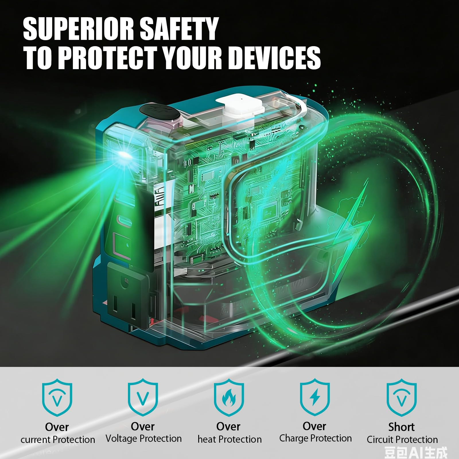 Onduleur de batterie 220 W compatible avec la batterie Makita 18 V, DC 18 V vers AC 220 V, convertisseur de tension sans fil Inverte avec USB Type-C, lampe LED 200 lm (220 W pour Makita)