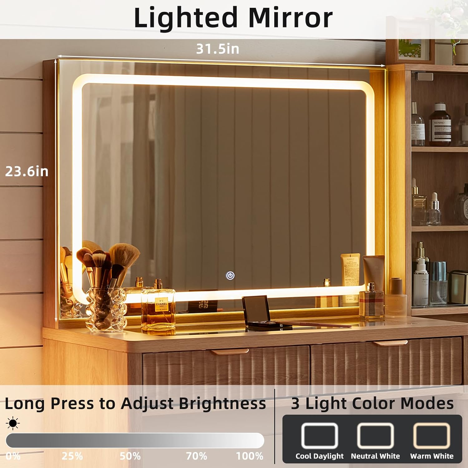 LEYAOYAO Vanity Desk with Mirror and Lights, 43.5'' Fluted Makeup Vanity with 6 Drawers and Adjustable Shelves, Natural Wood Make Up Vanity Dressing Table with Glass Top and Power Outlet for Bedroom