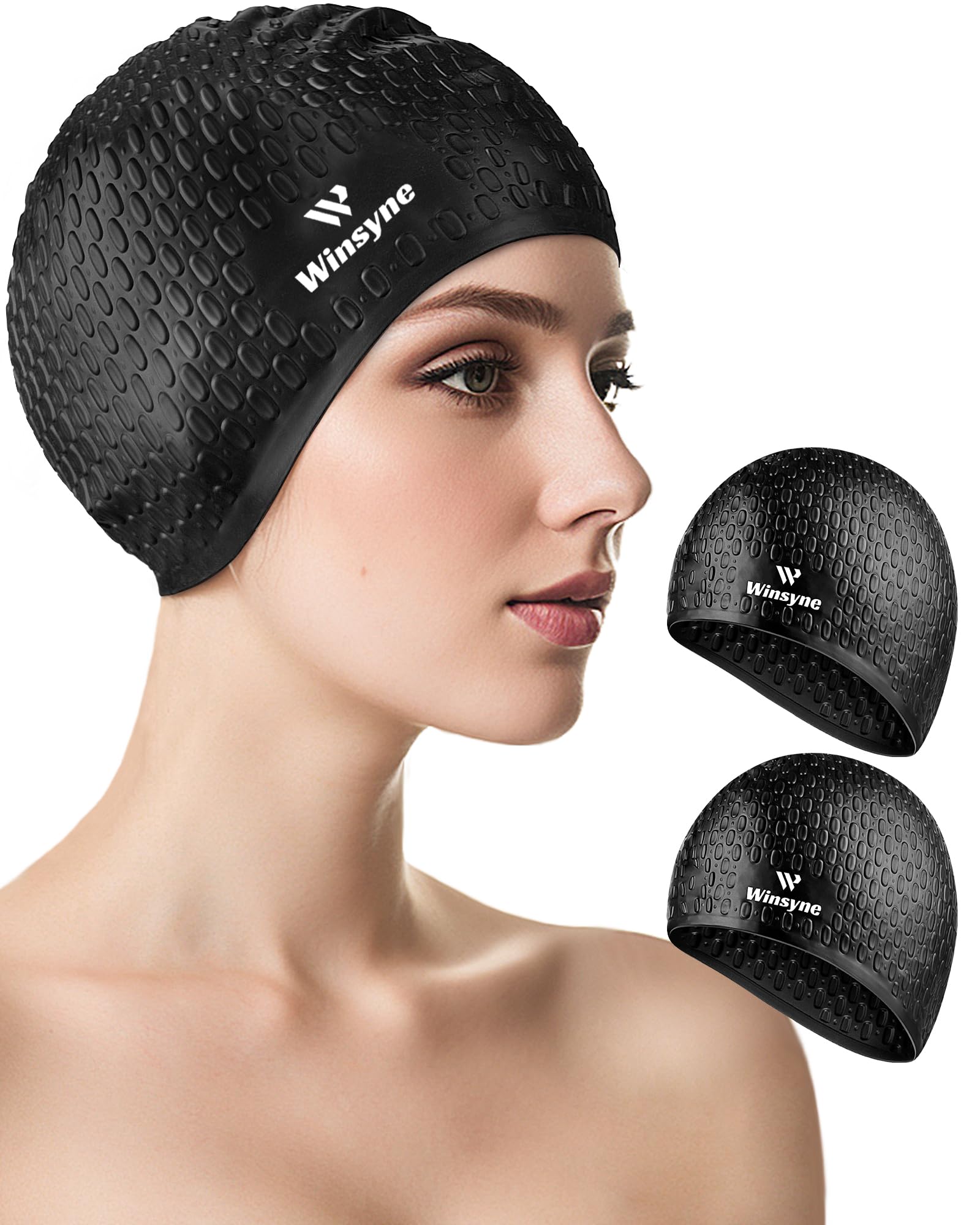 2 Pack Unisex Silicone Swim Cap for Women Men, Large Size Swimming Caps for Long Hair/Braids to Keep Hair Dry, Waterproof Bathing Caps for Swimming with Ear Plugs & Nose Clip Set