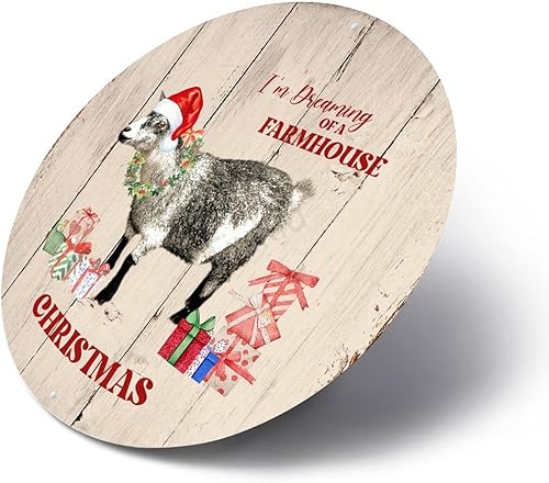 Miniatura 3 de Letrero de metal redondo de bienvenida con texto en inglés "I'm Dreaming A Farmhouse Christmas", diseño de vaca y animales de Navidad, decoración