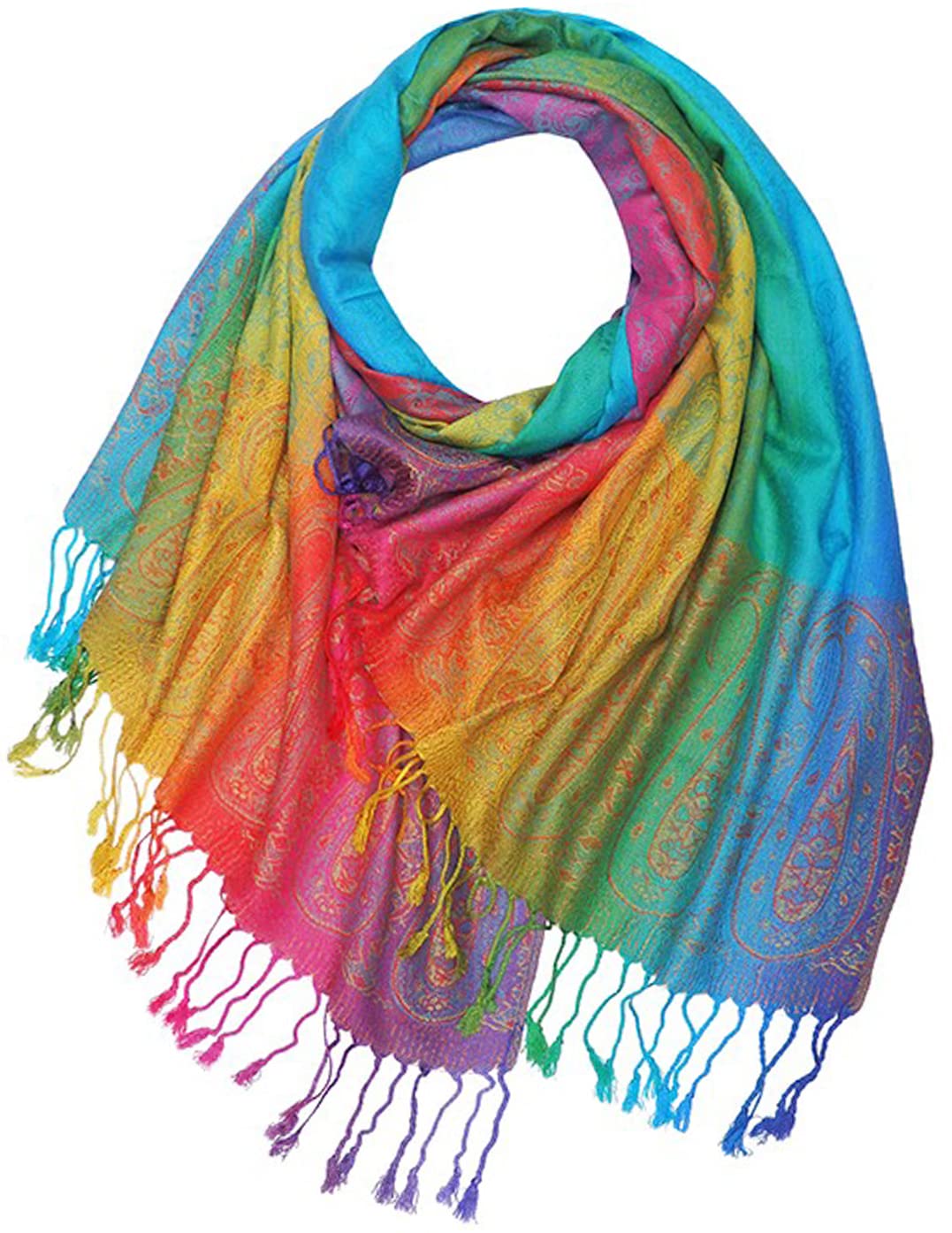 Glamlondon Women's Rainbow-Colourful-Paisley Styl2 Rainbow Multi-Colour Pashmina Colourful Paisley/Roses/Patches/Peacock Feather Soft Shawl (Rainbow-Colourful-Paisley Styl2)