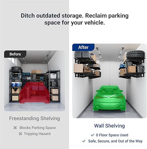 Vista 24 de FLEXIMOUNTS Estantería de pared de garaje, 1 x 4 pies, incluye 6 ganchos para bicicleta, sistema de organización de garaje con ganchos para Negro