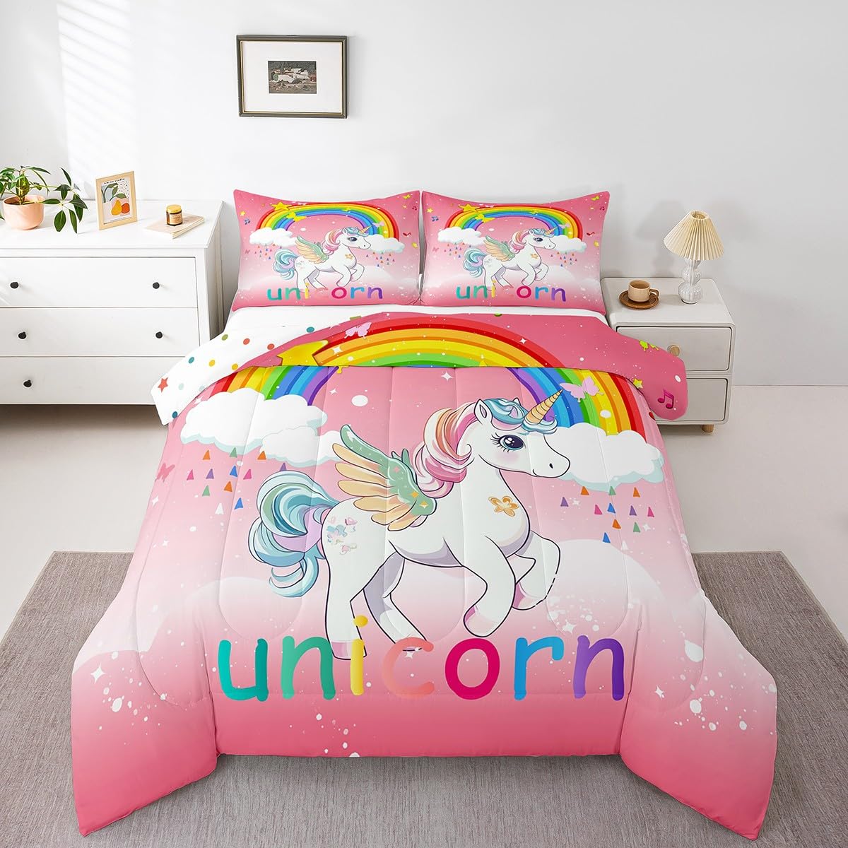 Erosebridal Pink Unicorn Comforter Set for Girls Twin Kawaii Rainbow Unicorn Bedding Set Cute White Horse Bed Set Geometric Stars Cloud Down Comforter