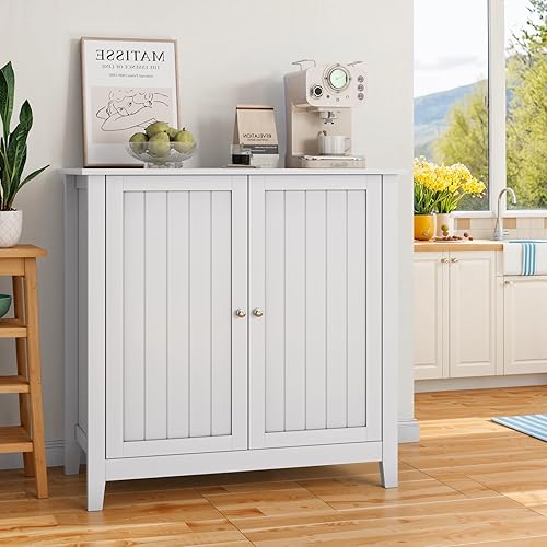 GDFStudio Modern White Storage Cabinet with Doors, Freestanding Floor Buffet Cabinet with Shelves, Soft-Close Doors, Adjustable Storage for Living Room, Kitchen, Entryway, Bathroom