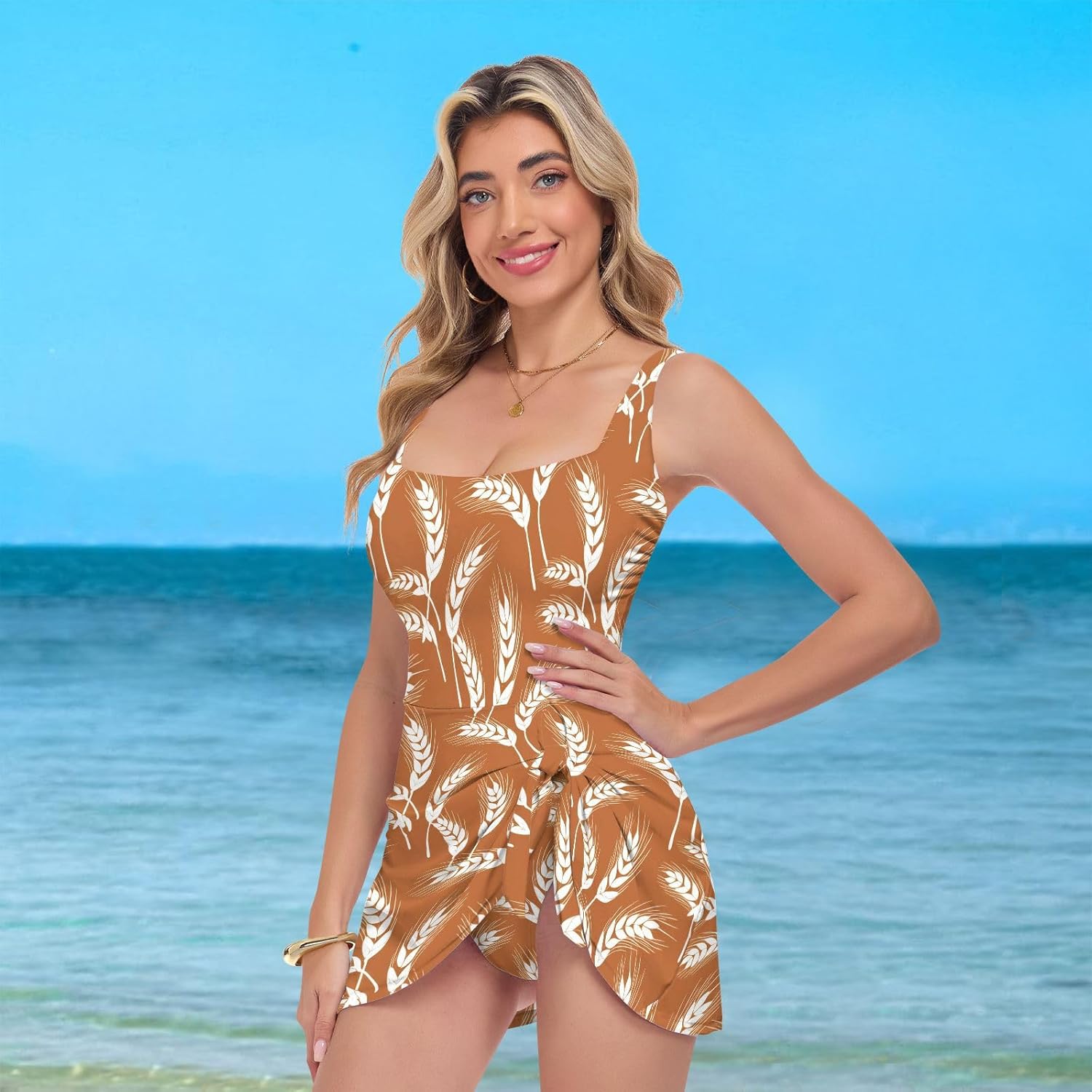 Wheat Brown Women's One Piece Swimsuits Tummy Control Bathing Suits S A2302916