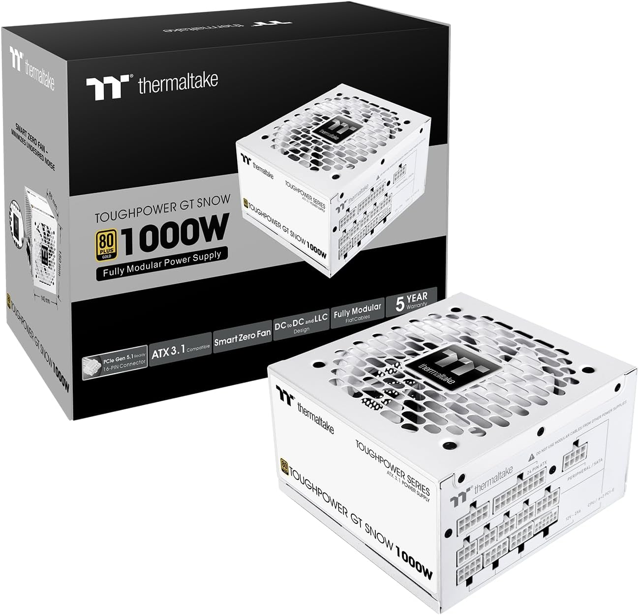 Thermaltake Toughpower GT 1000W; ATX 3.1; Native PCIe 5.1 12V-2x6; Full Modular; Flat Cables; Color Matched Connectors; Japanese Main Capacitors; 80 Plus Gold; 140mm; Snow; PS-TPT-1000FNFAGU-W