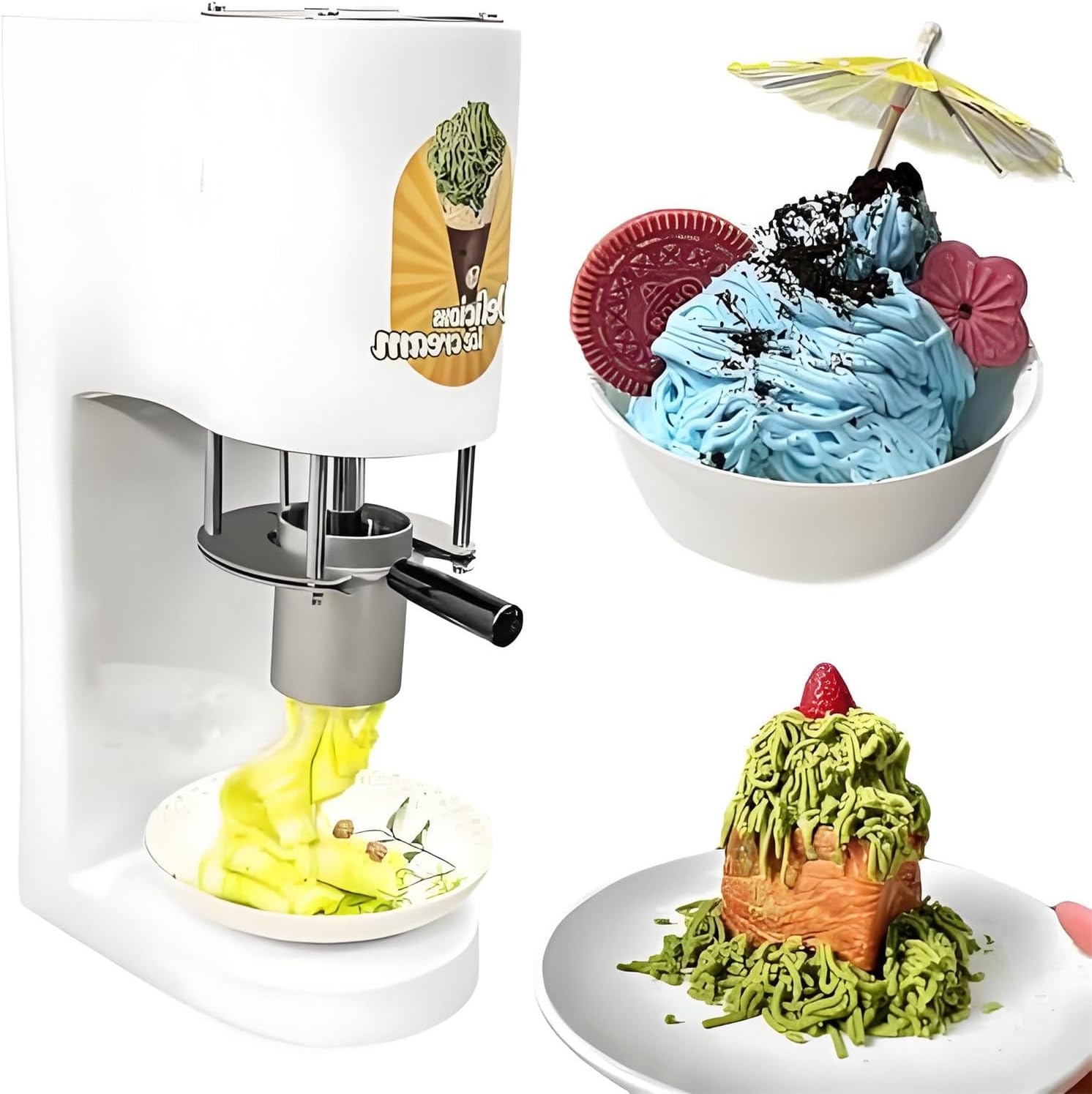 Ice Cream Spaghetti Press Machine with 4 Changeable Molds, Commercial Ice Cream Machine, Noodles Ice Cream Machine for Restaurants, Snack Bars, Food Trucks
