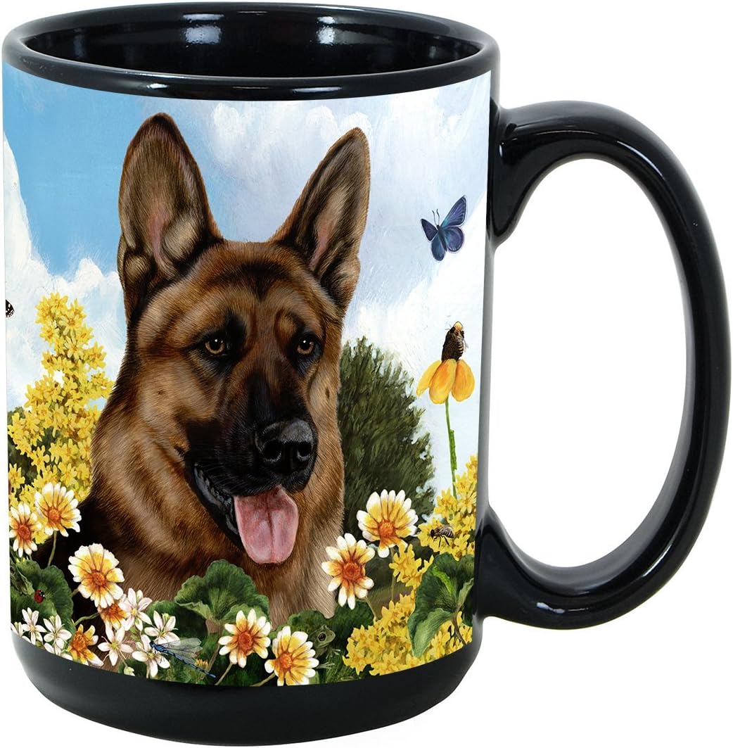 (German Shepherd) Garden Party 15 Oz Black Coffee Cup Mug, Dog & Cat Pet Gift, For Extreme Animal Lovers!