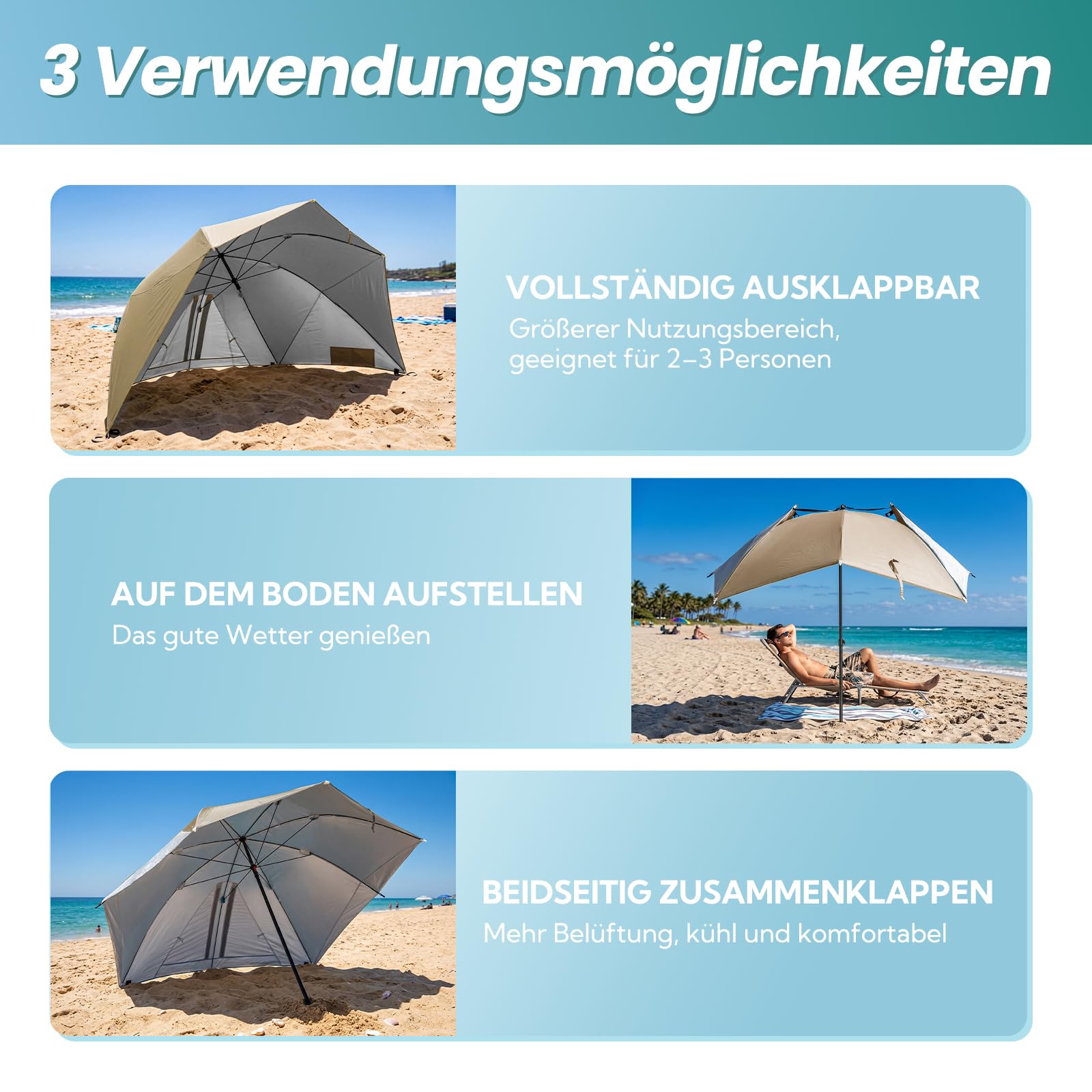 Homecall Sombrilla de playa 2 en 1, convertible, Ø 270 cm, gran sombrilla parasol, con ventana – protección contra el viento, la playa, la lluvia, UV50+, protección contra el sol, para la playa para 2
