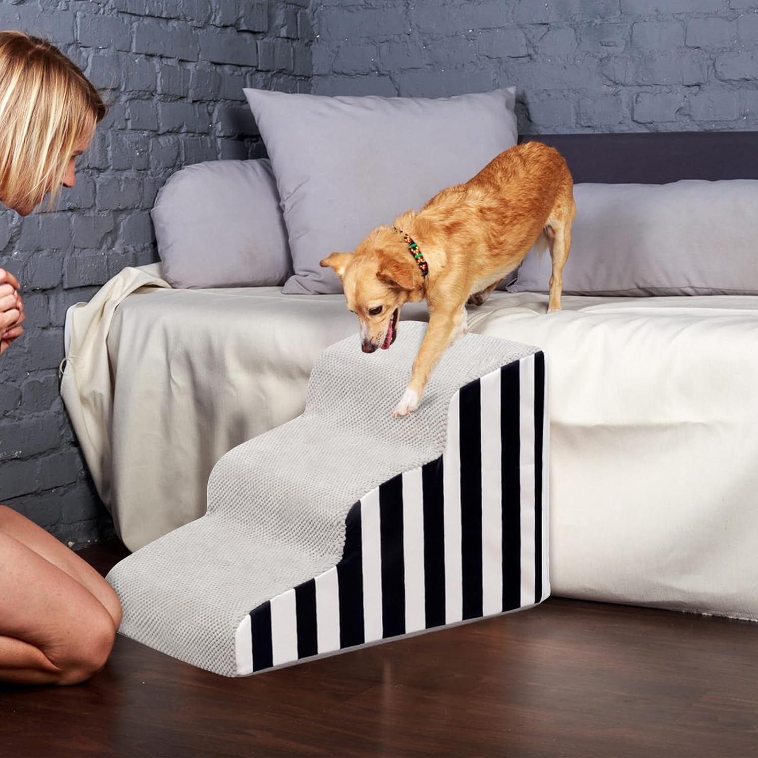 Dog Stairs, Pet Stairs for Small Dogs with Removable Washable Cover, Non-Slip Stable Indoor Dog Steps, Pet Stairs for High Bed Climbing(3 Tiers, Grey)