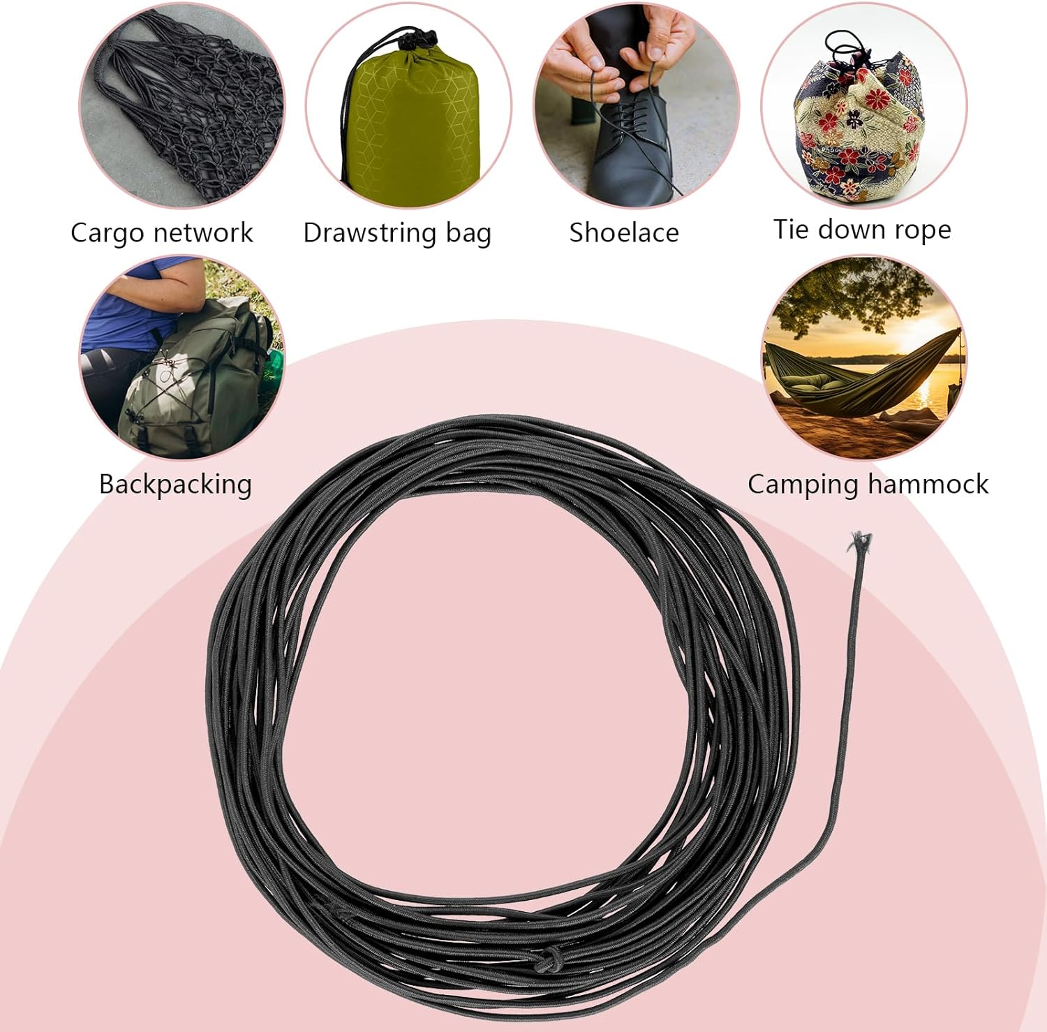 33ft Long Kayak Bungee Cord 1/8 Inch Heavy-Duty Black Bungee Shock Cord Roll Elastic Cord, Elastic Rubber Rope Bungee Straps for Kayak, Tent Poles, and DIY Projects(3mm)