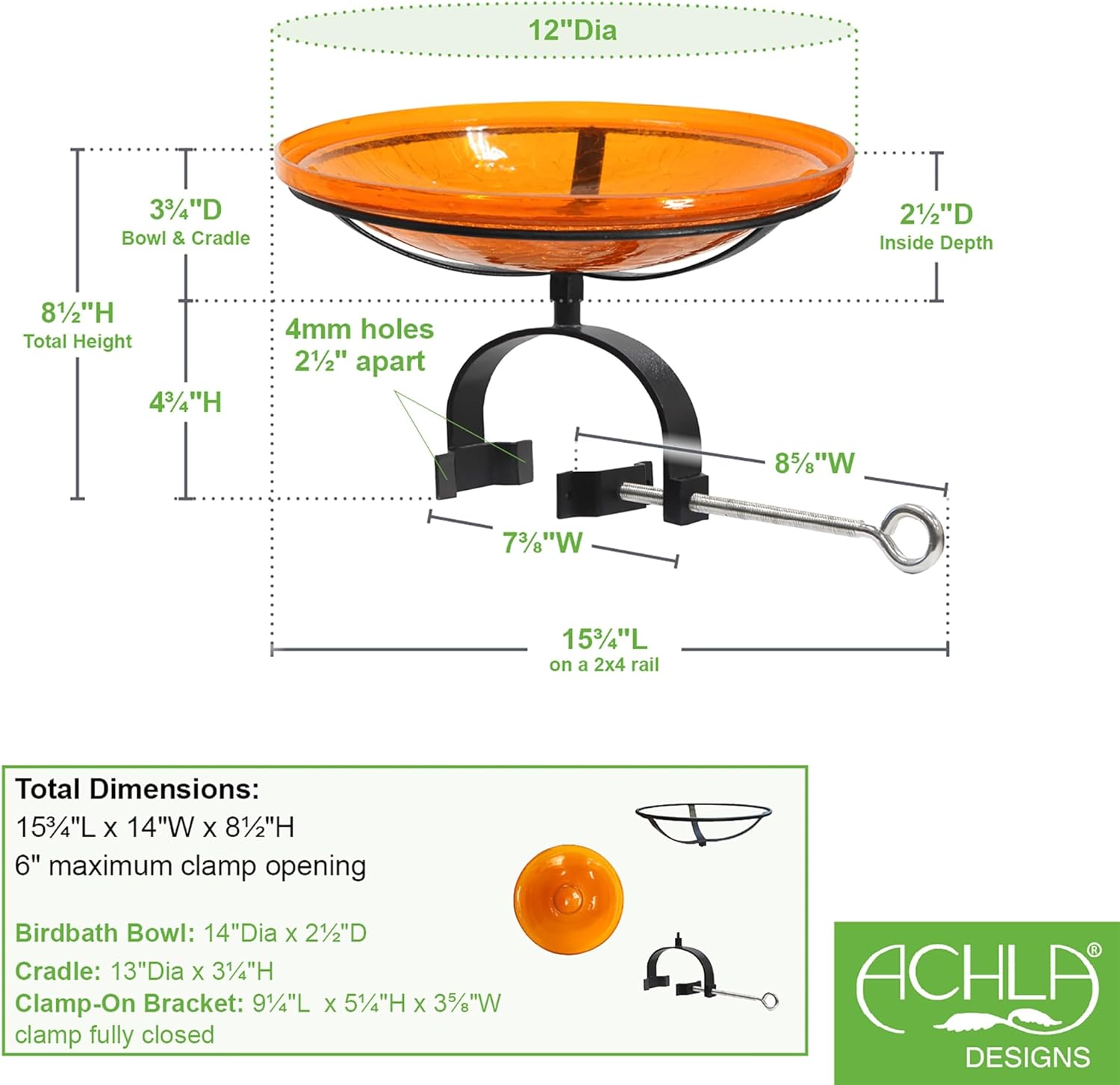 14" Mandarin Crackle Birdbath- Over Rail Bracket