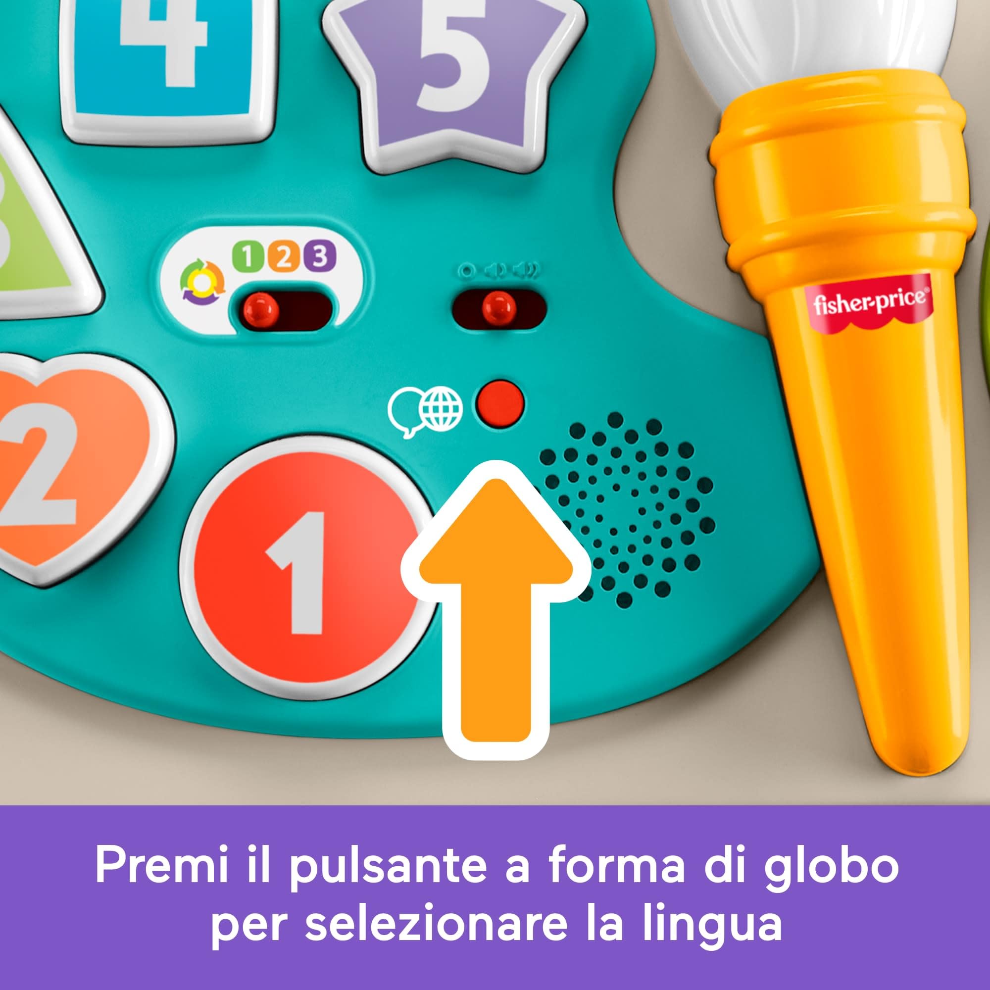 Fisher-Price - Tavolino attività 4 in 1, Pannello interattivo e cavalletto d'Arte, con luci, Suoni e canzoncine, Versione Italiano +FR+in+DE, Giocattolo per Bambini, 6+ Mesi, JGW87