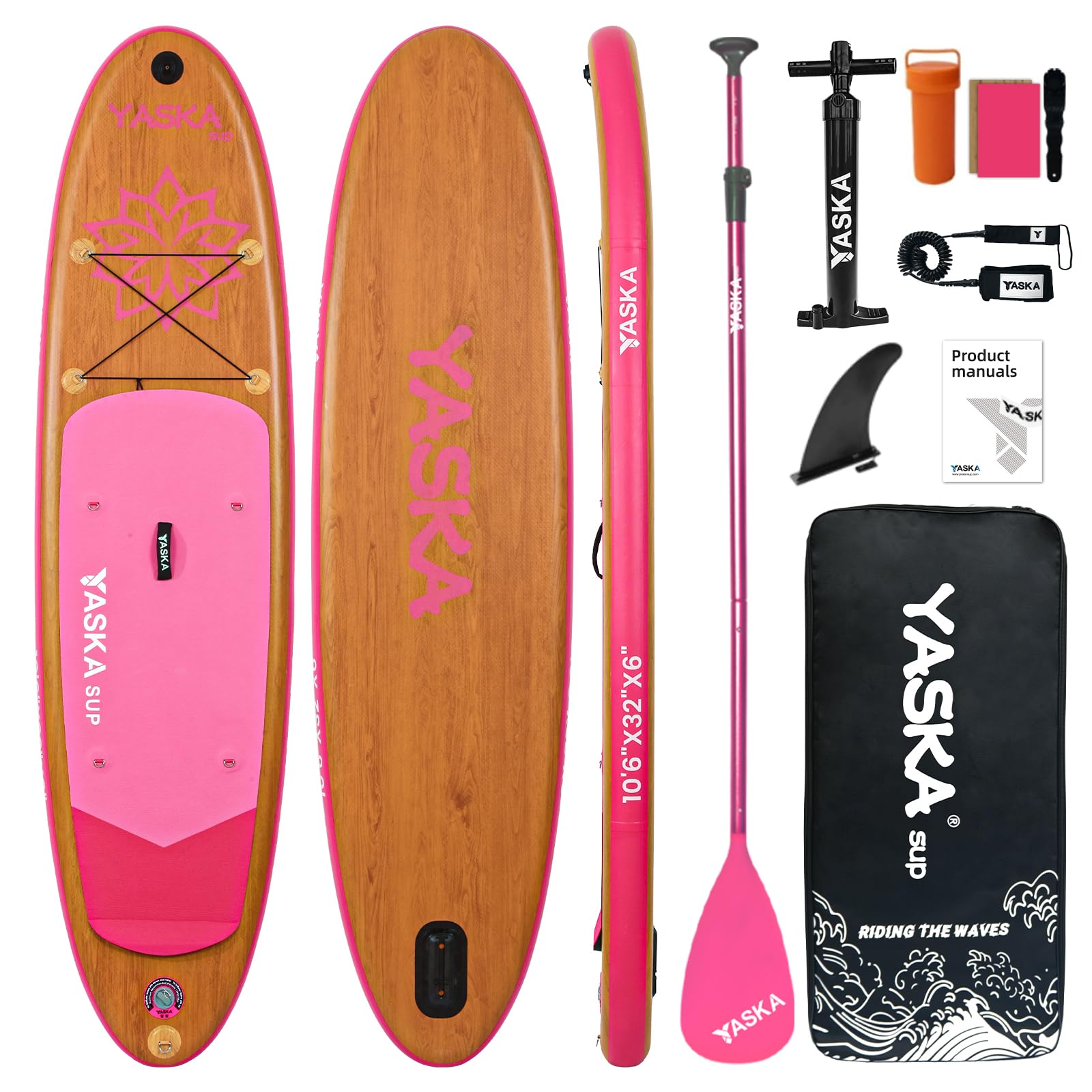 YASKA Juego de tablas de Remo de pie inflables de Madera de 320 x 81 x 15 cm, Capacidad de Carga de 180 kg, Incluye Mochila, Paleta, Bomba, arpillera, Saco Impermeable