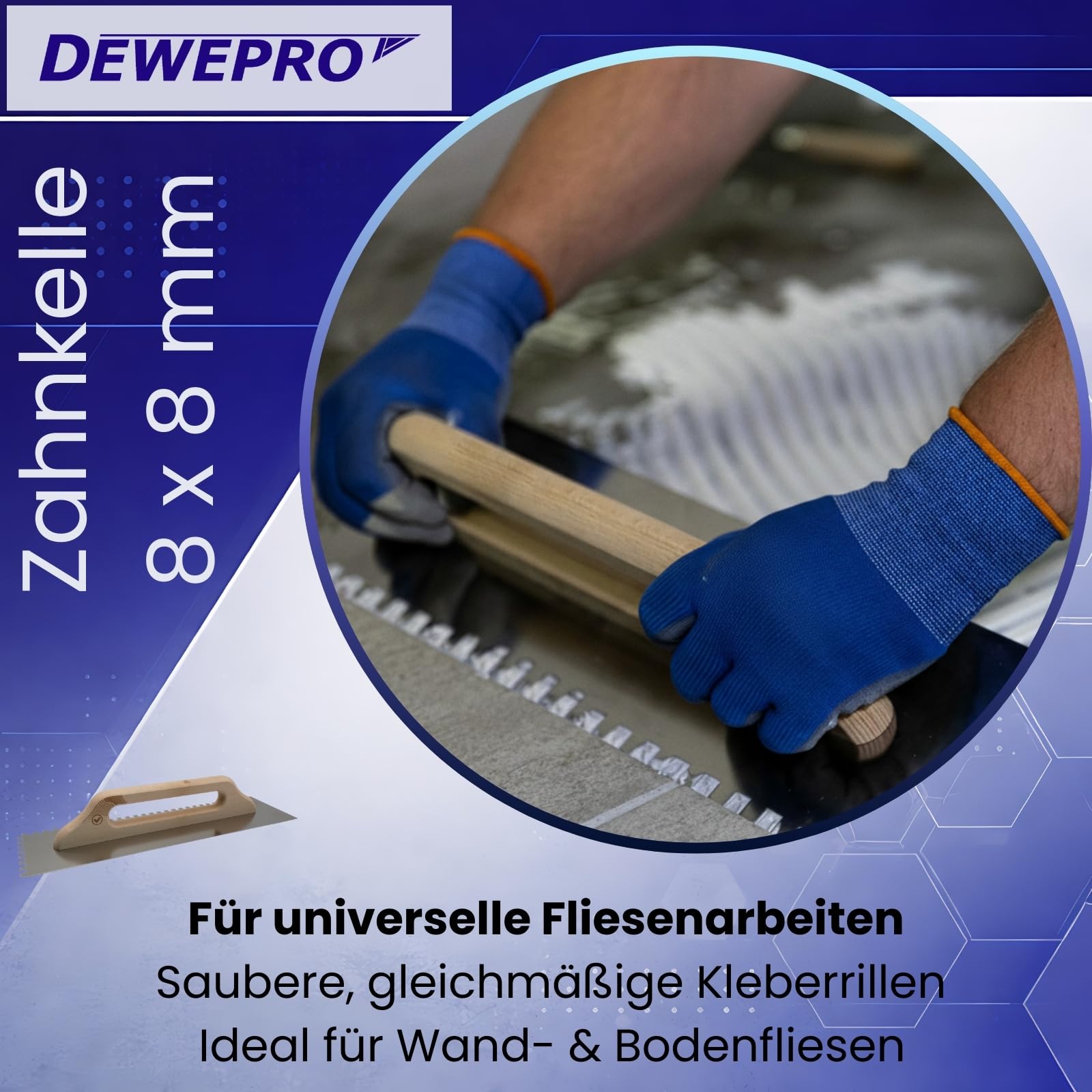 DEWEPRO Schweizer Glättekelle - Glättkelle - Aufziehplatte - Aufziehglätte - Edelstahl 480x130mm -gezahnt 8x8mm - Zahnglättekelle
