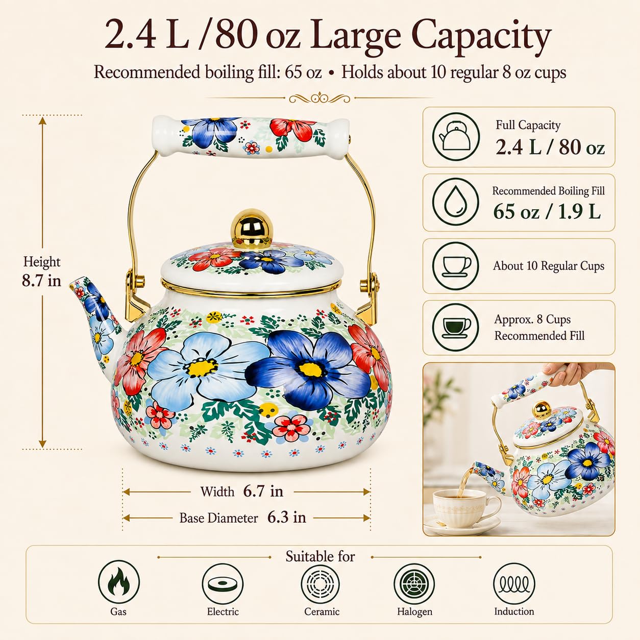 Floral Enamel Tea Kettle - Classic Design -3