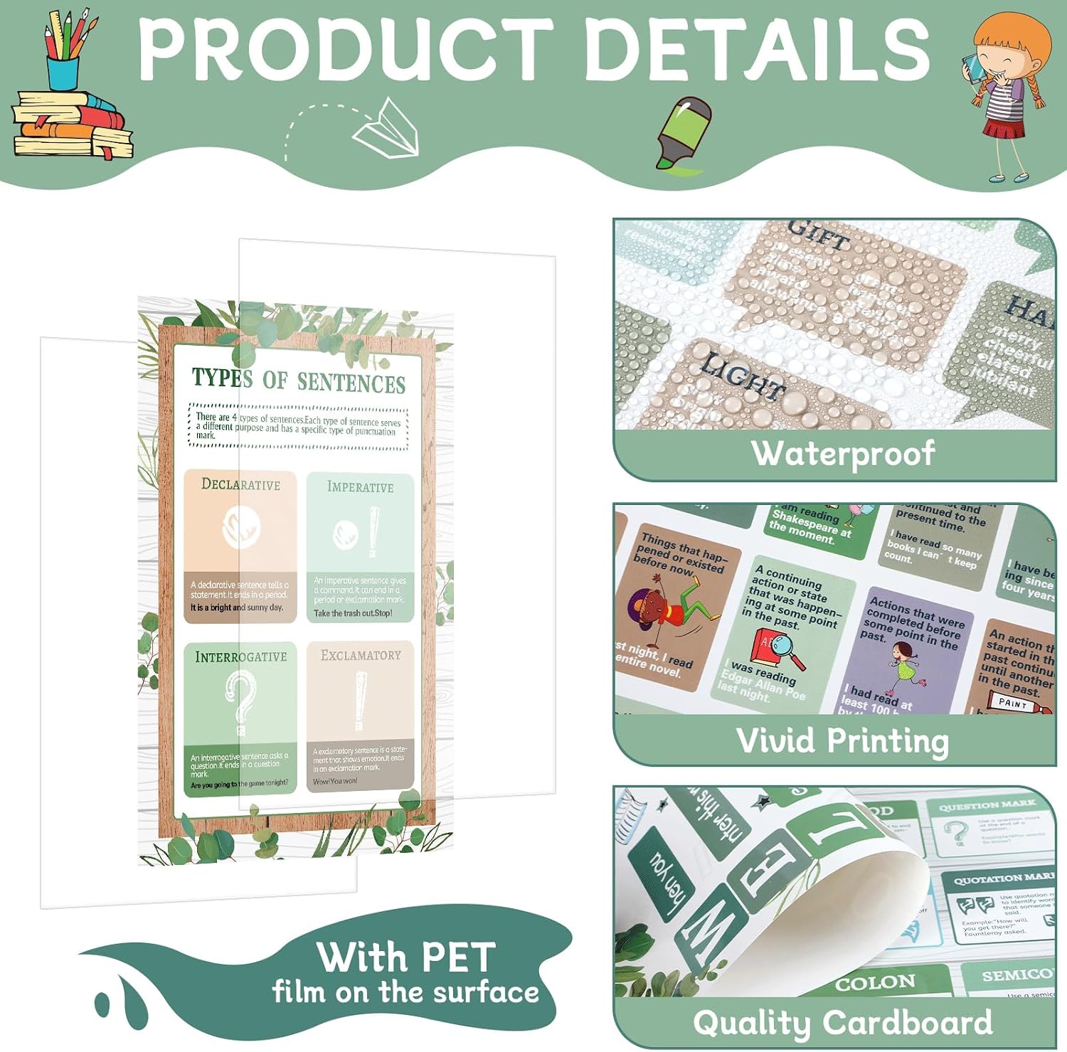 chiazllta 12Pcs Educational English Grammar Poster Classroom Decoration Parts of Speech Chart Posters English Bulletin Board for Teachers Middle High School Supplies Classroom Must Haves(Eucalyptus)