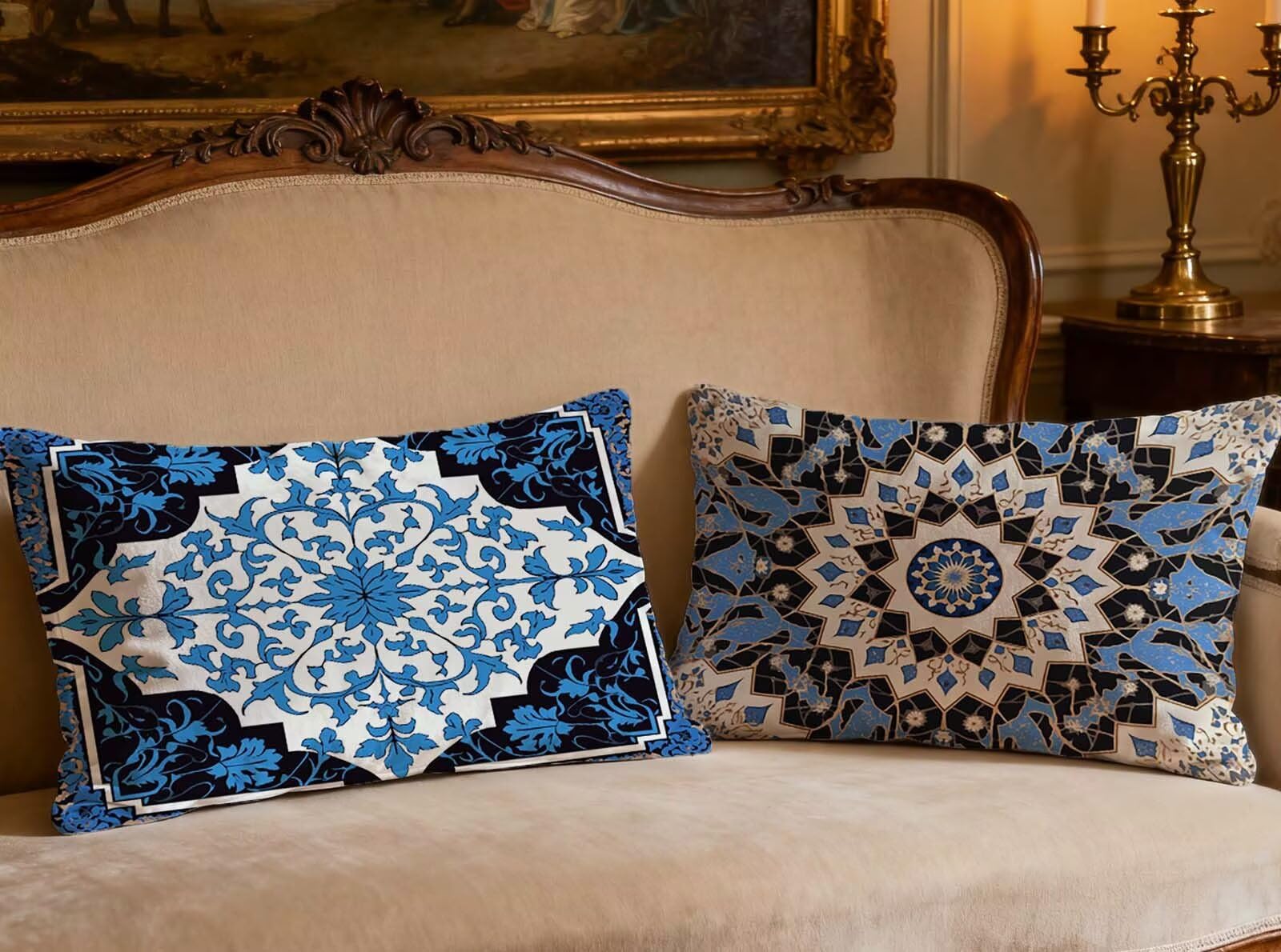 Impression recto verso taie oreiller 70x90 cm velours bleu marine mandala