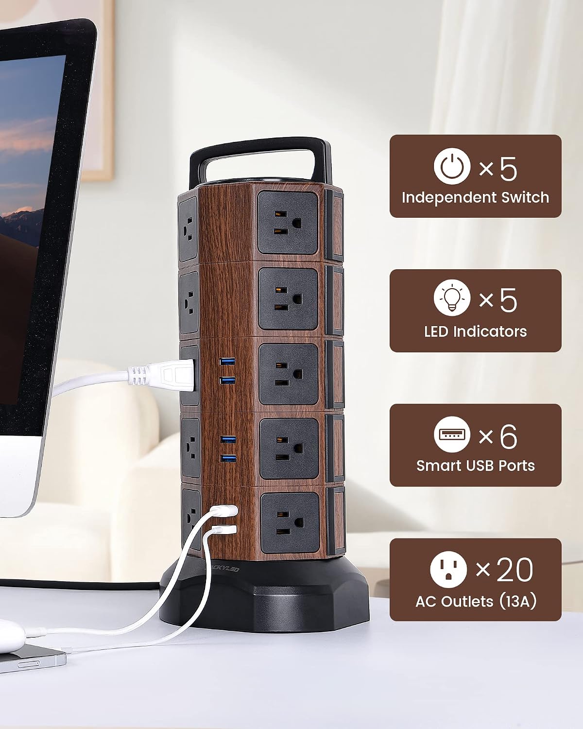 Power Strip Tower Surge Protector 1050J, JACKYLED 20 AC Outlets 6 USB Ports, 3000W 13A Desktop Electrical Charging Station, 6.5ft Heavy Duty Extension Cord, for Home, Office, Garage, Black Walnut