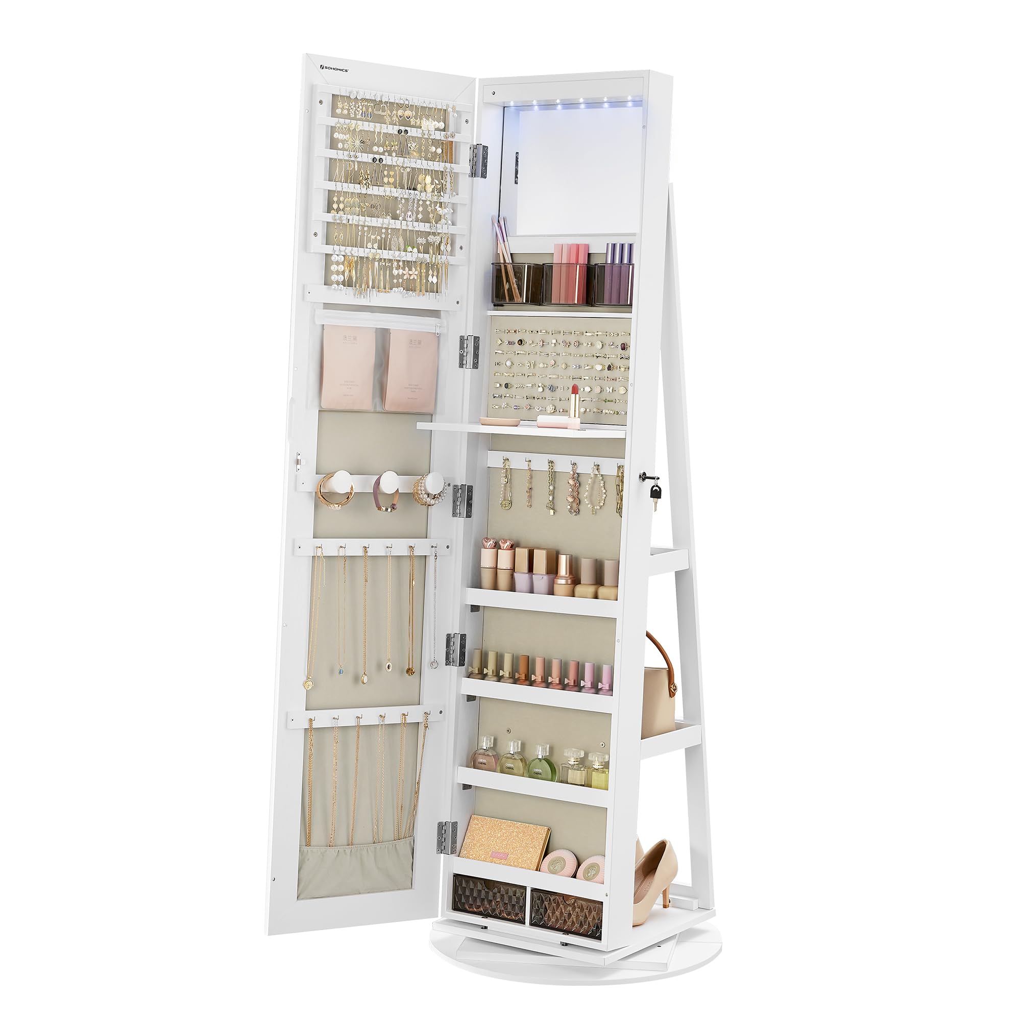 SONGMICS 6 LEDs Mirror Jewellery Cabinet, 360° Swivel Jewellery Storage Organiser, Lockable, Free-Standing Frameless Full-Length Mirror with Storage, White Surface, Greige Lining JJC007W02