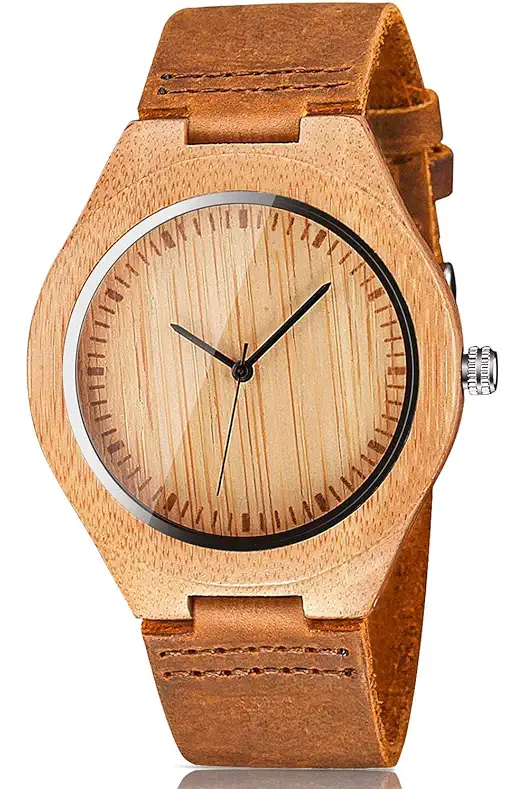 CUCOL Men's Bamboo Wooden Watch with Brown Cowhide...