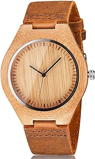 Men's Bamboo Wooden Watch with Brown Cowhide Leather Strap Japanese Quartz Movement Casual Watches