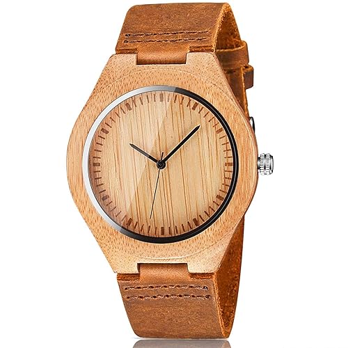 Men's Bamboo Wooden Watch with Brown Cowhide Leather Strap Japanese