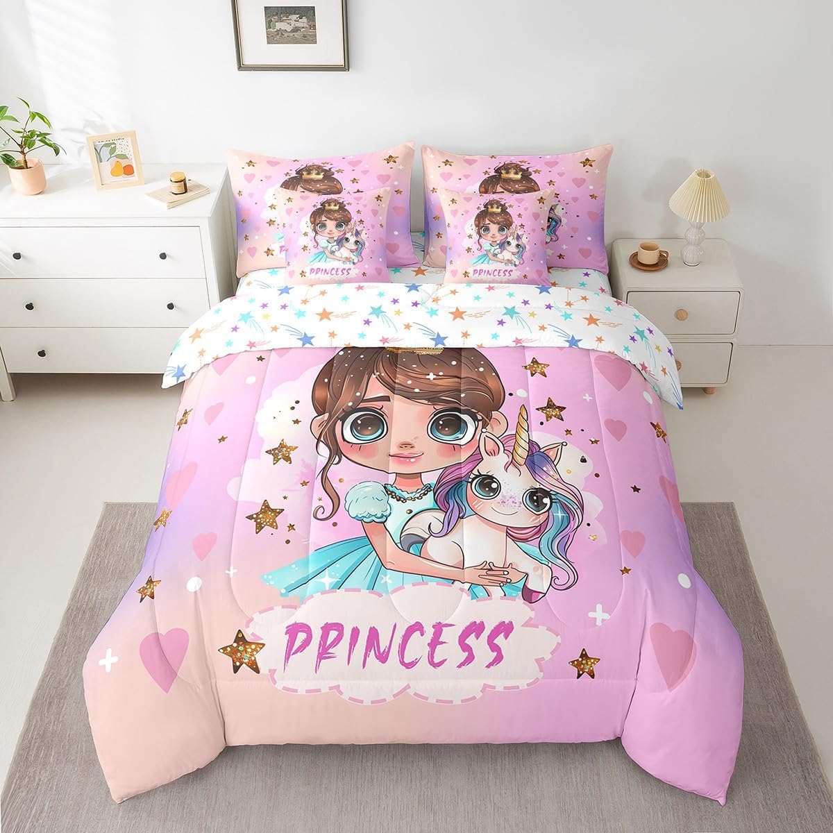 Manfei Princess Unicorn Comforter Set Twin Size 7 Pcs,Dreamy Animal Fairy Tale Cartoon Bedding Set,Starry Rainbow Glitter Pink Blue(Comforter+Fitted+Flat Sheet+2 Pillowcases+2 Throw Pillow Covers)