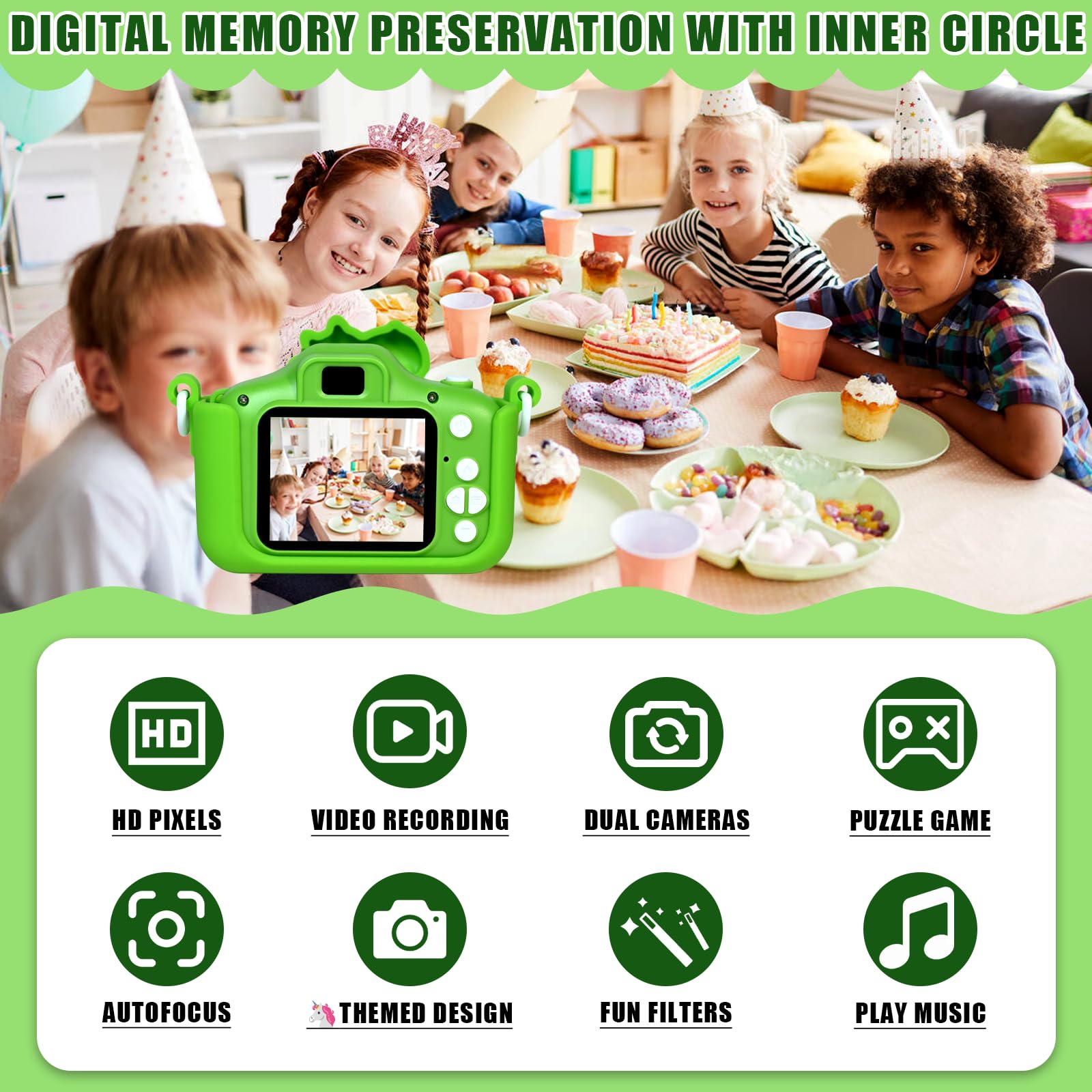 Macchina Fotografica Bambini, 2.0 Pollici Schermo Fotocamera Bambini 1080P HD Fotocamera con 32 GB, Regalo Giocattolo di Natale & Compleanno per Ragazze Ragazzi da 3-12 Anni (Verde)