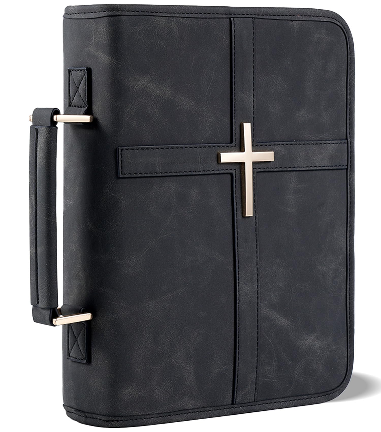 Vegan Leather Bible Cover for Men & Women, Bible Case with Gift Box, Christian Catholic Religious Bible Gifts (Black)