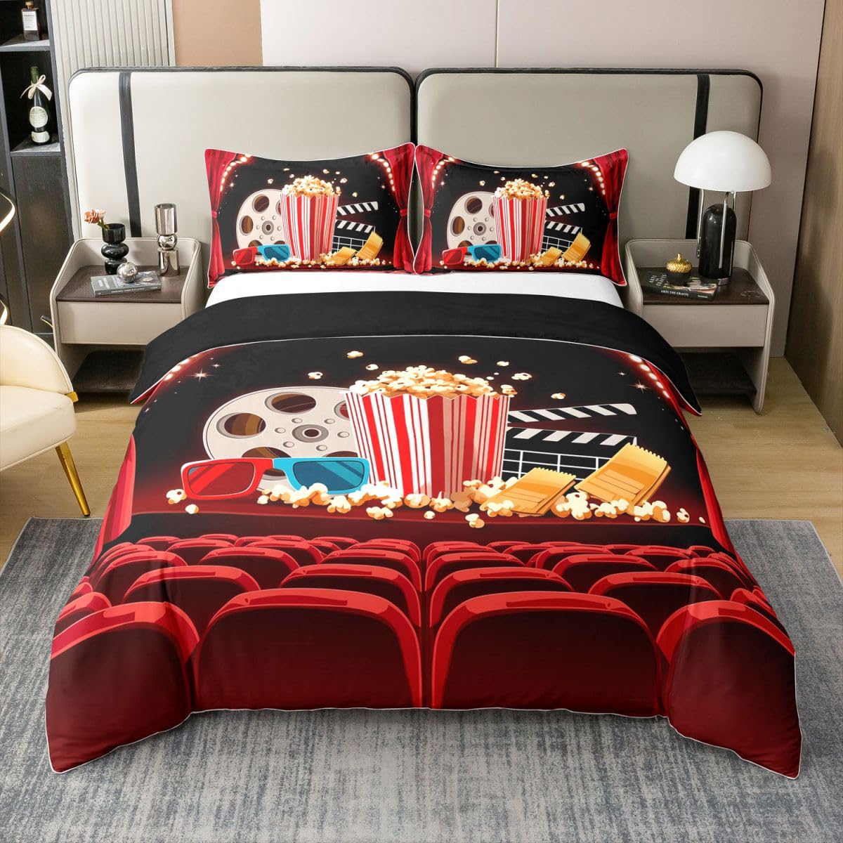 Loussiesd Set di biancheria da letto con copripiumino a tema cinema, 100% cotone, per ragazzi e ragazze, con stampa popcorn, 3 pezzi, chiusura a cerniera, con 2 federe