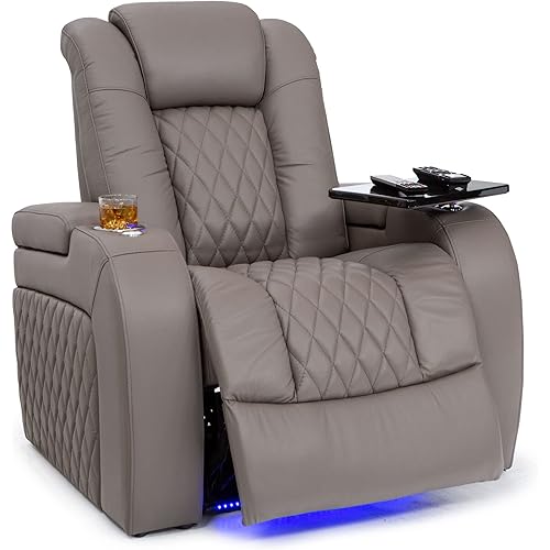 Seatcraft Diamante - Home Theater Seating - Living Room - Power Recline - Italian Leather - Powered Headrests - Cupholders - USB Charging - Ambient Lighting - Arm Storage, Gray, Single Recliner
