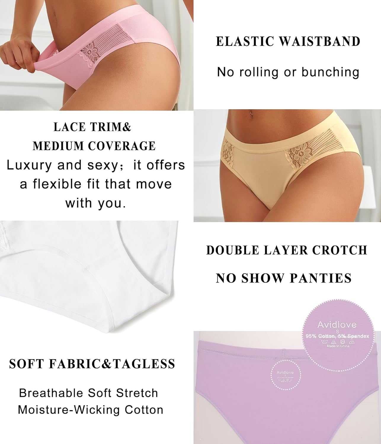 Avidlove Women Cotton Underwear Lace Hipster Brief Panties Ladies Stretch Underpants Multipack - Image 4