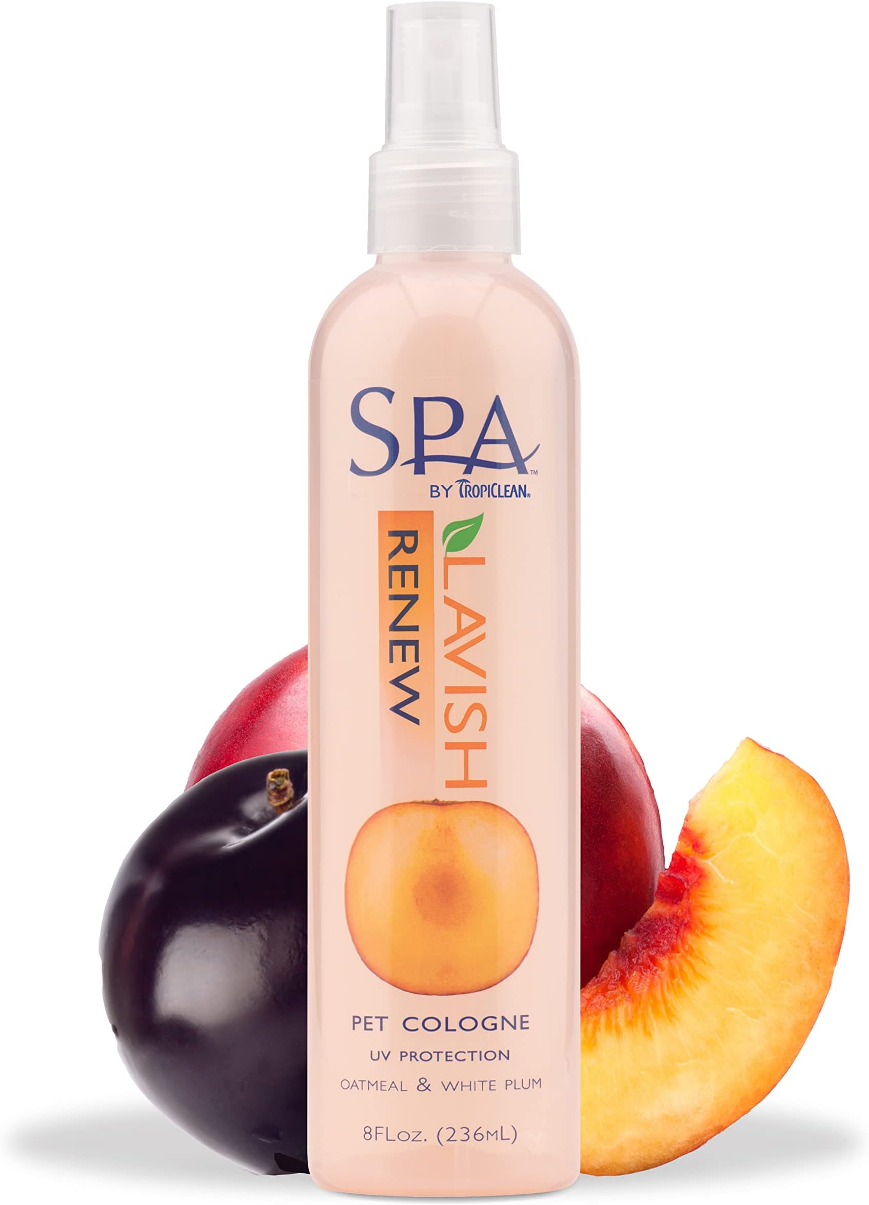 TropiClean SPA Renew Dog Cologne Spray Long Lasting | Peach & Plum Scented Dog Deodorizing Spray | Naturally Derived Salon Grade Ingredients | Made in the USA | 8oz