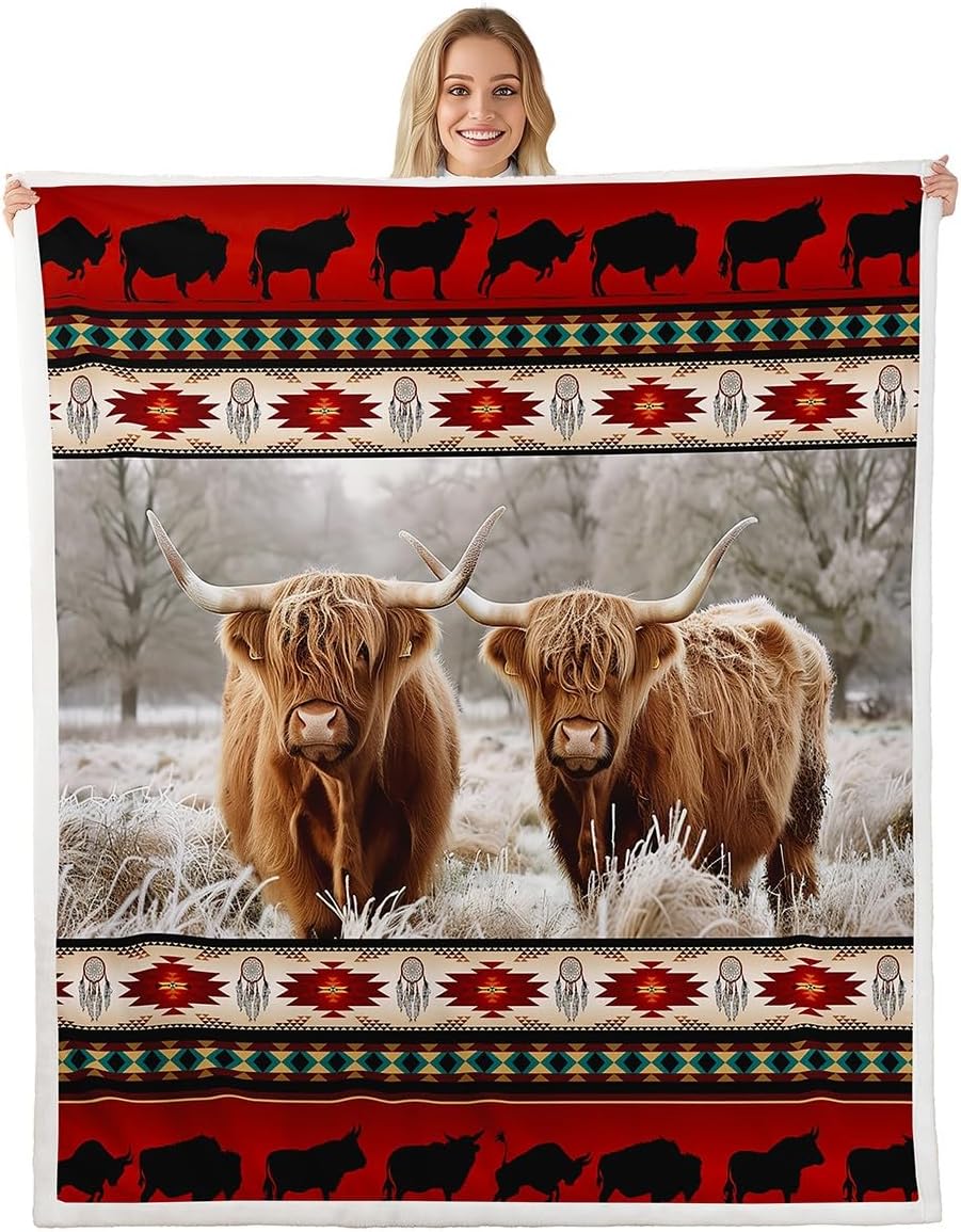 Erosebridal Highland Cow Blanket Longhorn Bull Southwestern Native Aztec Throw Blanket,Western Animals Fleece Blanket Bohemian Exotic Nordic Style Dream Catchers Blanket 60x80,IndianTribal Boho Decor