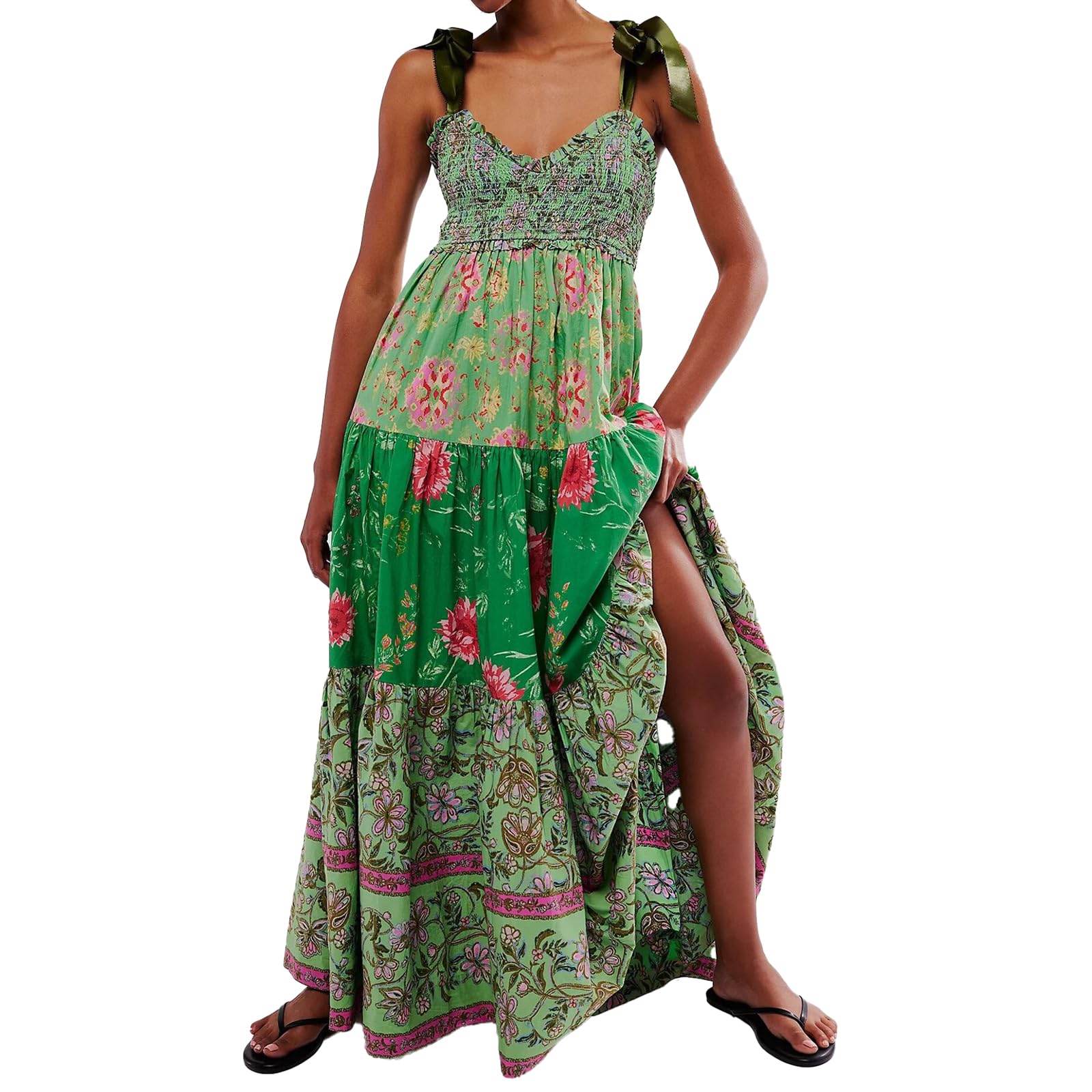 Women Floral Maxi Dress Tie Shoulder Patchwork Smocked Flowy Boho Dress with Pockets Summer Vacation Sundress
