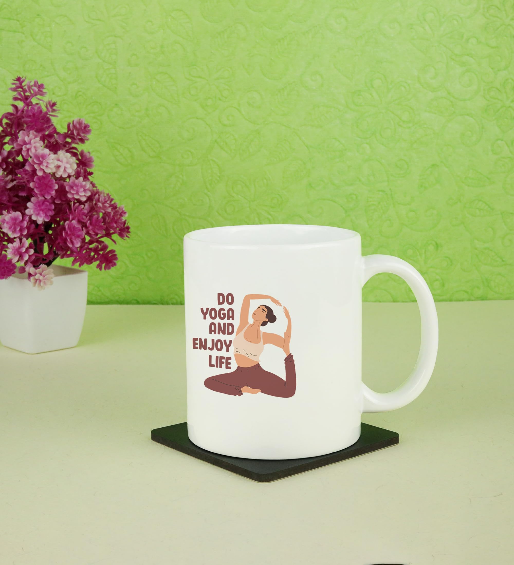 Yellow Orrange Stretch Into Happiness Printed Ceramic Coffee Mug 250ml 1