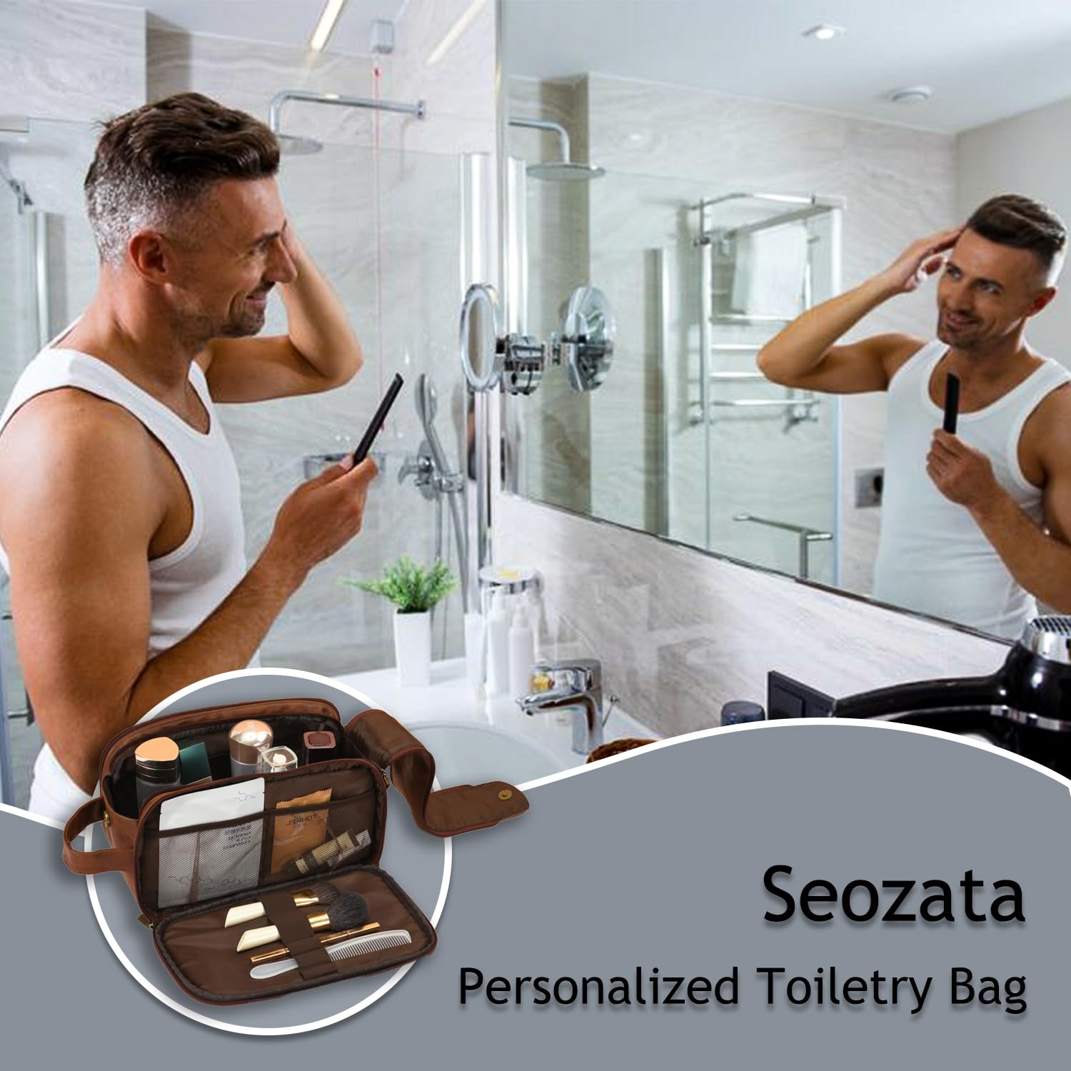 Personalized PU Leather Toiletry Bag for Men, Custom Travel Dopp Kit