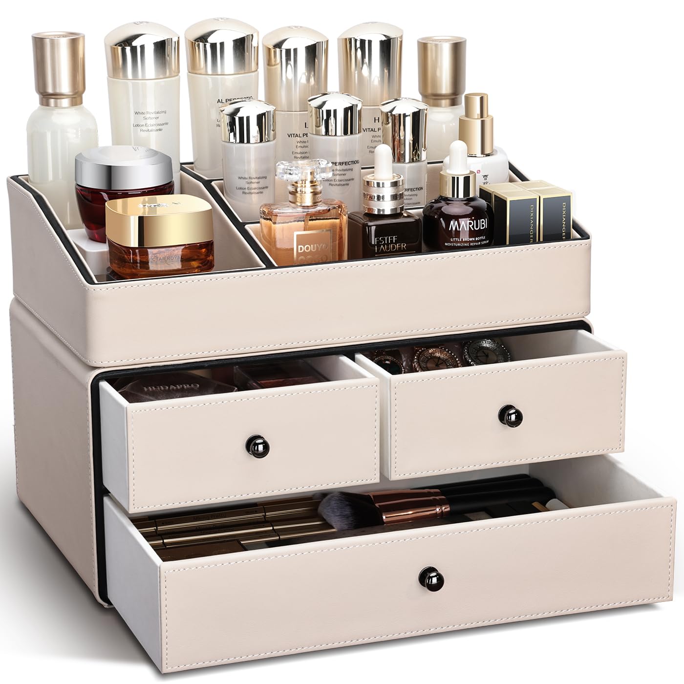 KINGFOM Organizador de Maquillaje, Organizador Cosmeticos con 3 Cajones y 5 Compartimentos, Makeup Organizer (Beige)