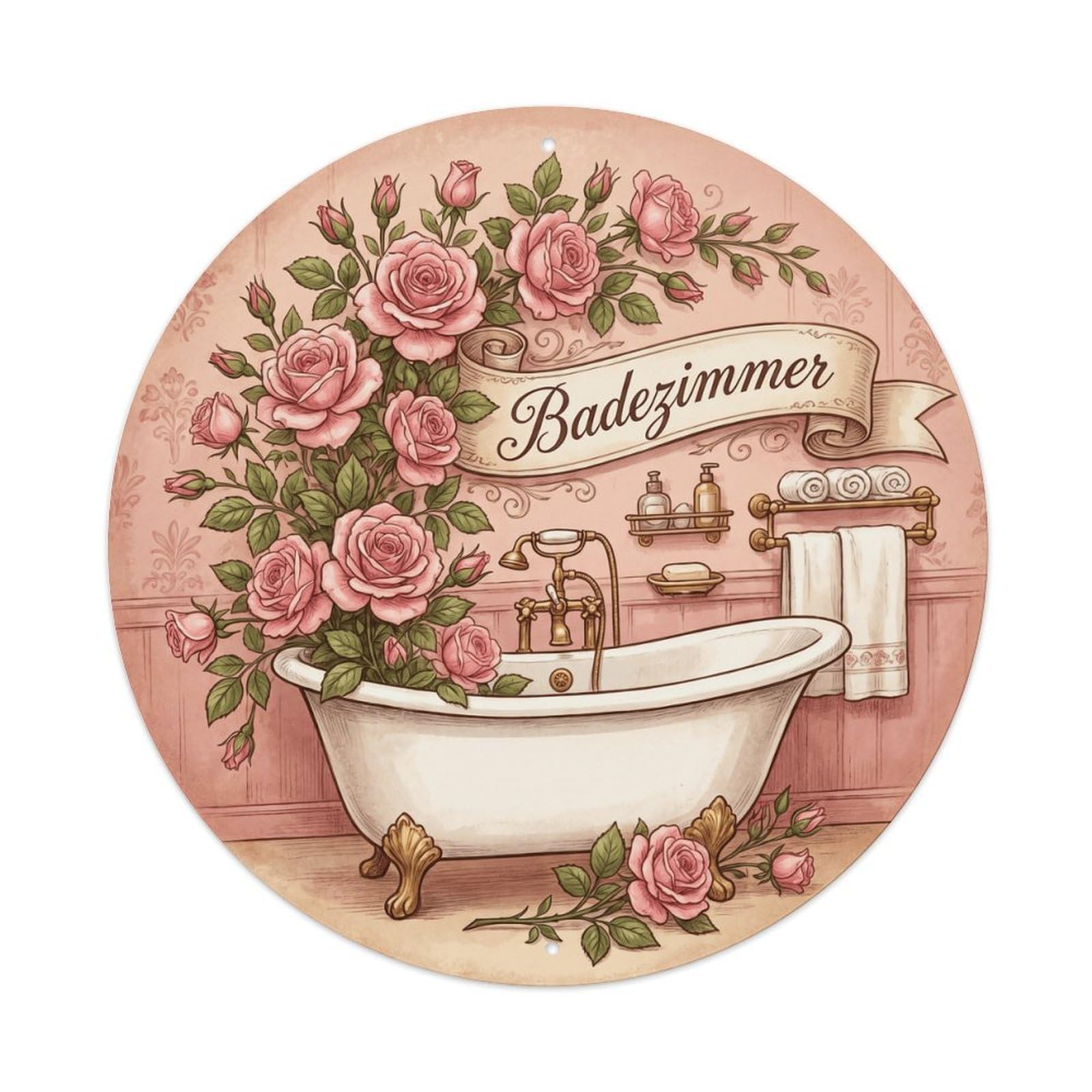 Badezimmer Rose Relaxing Bathroom Wall Vintage Metal Tin Sign Plaque Wall Decor for Cafe, Club, Garden Round Metal Poster 8x8Inch