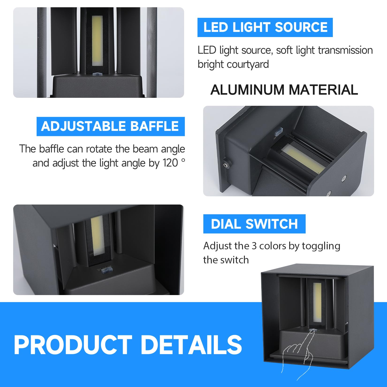 FUPE 2 Piezas LED 15W Aplique de Pared Exterior Interior Luz Ajustable de 3 Colores IP65 Impermeable Lámparas de Pared Apliques de exterior cuadrada de aluminio Ángulo de luz ajustable 11CM Antracita — view 6