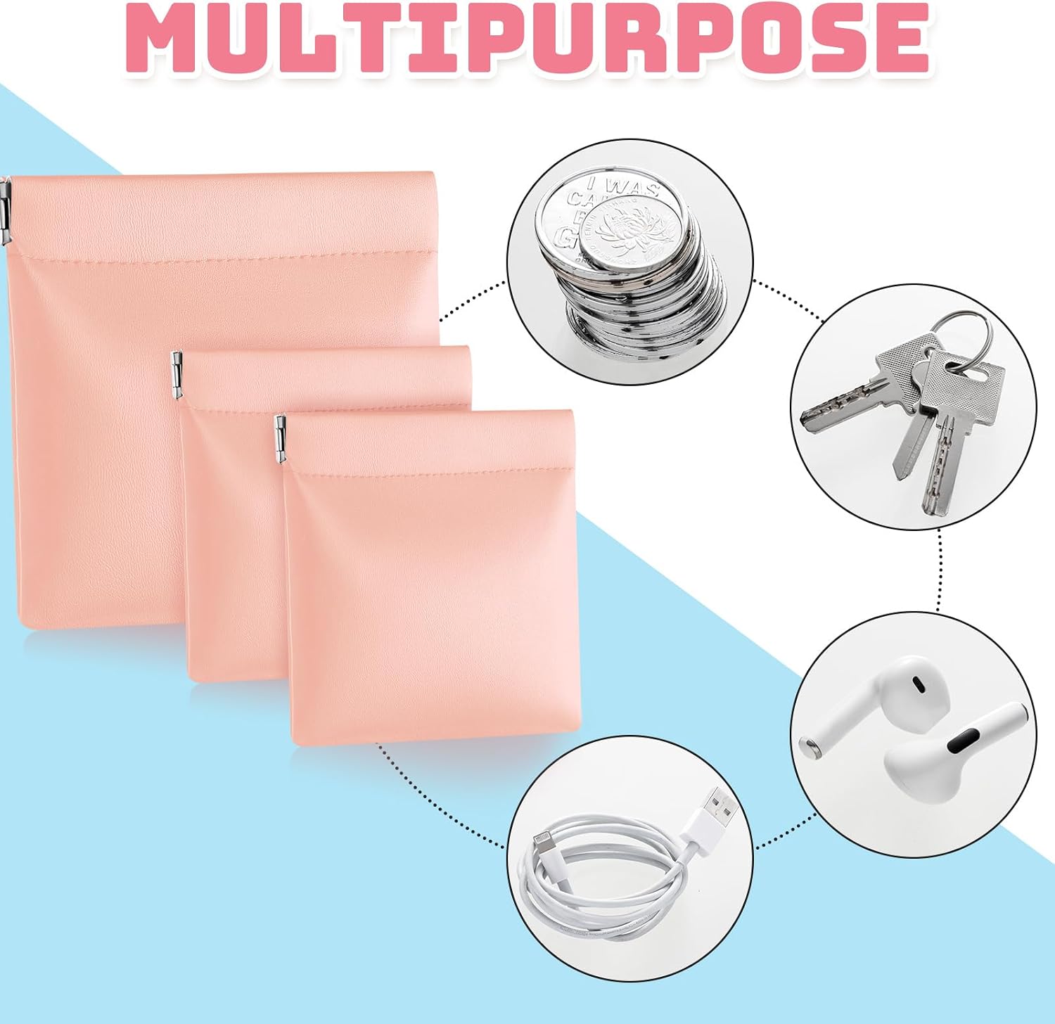 Sadnyy 3 Pcs PU Leather Coin Purse Pink Change Holder No Zipper Coin Pouch Self Closing Pouch Change Purse Bag for Women, 2 Size