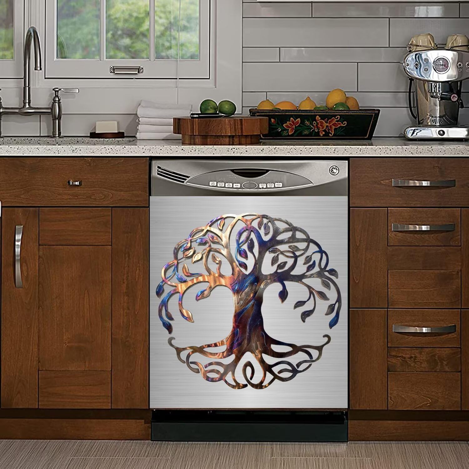 Silver Stainless Steel Dishwasher Magnetic Cover Panel, Colorful Metal Tree of Life Fridge Magnets Front Door Cover, Stainless Steel Tree of Life Dishwasher Panel Decal Decor, 23" W x 26" H Magnetic