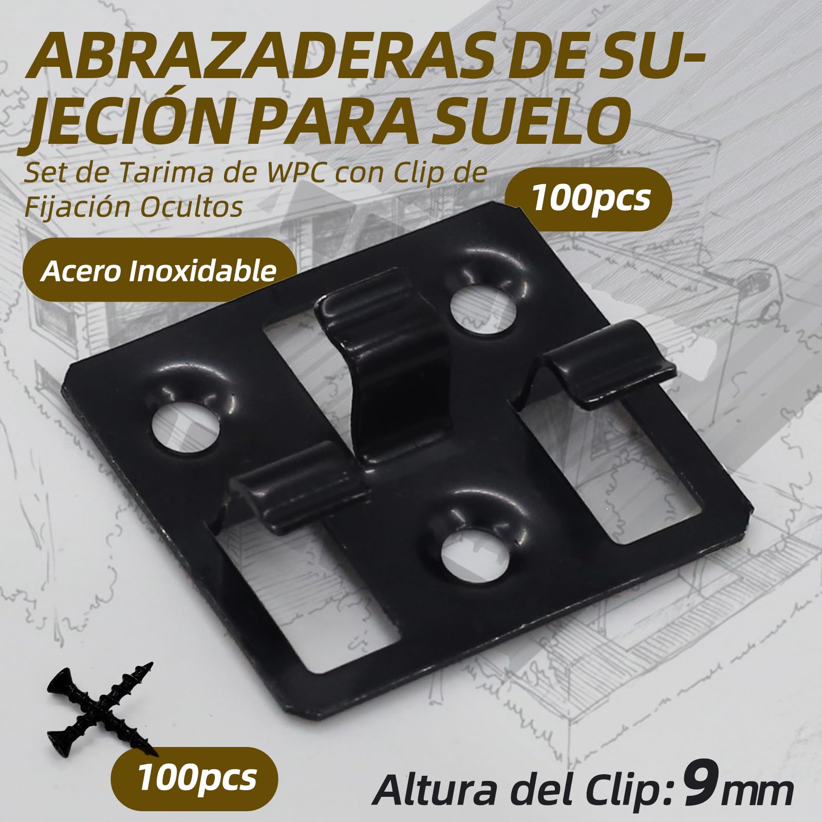 Clips de suelo WPC, fijaciones ocultas de acero inoxidable, adecuados para baldosas de suelo WPC y BPC, fijaciones de suelo de fácil montaje (100 clips, 100 tornillos, negro) (ranura de 5 mm de ancho