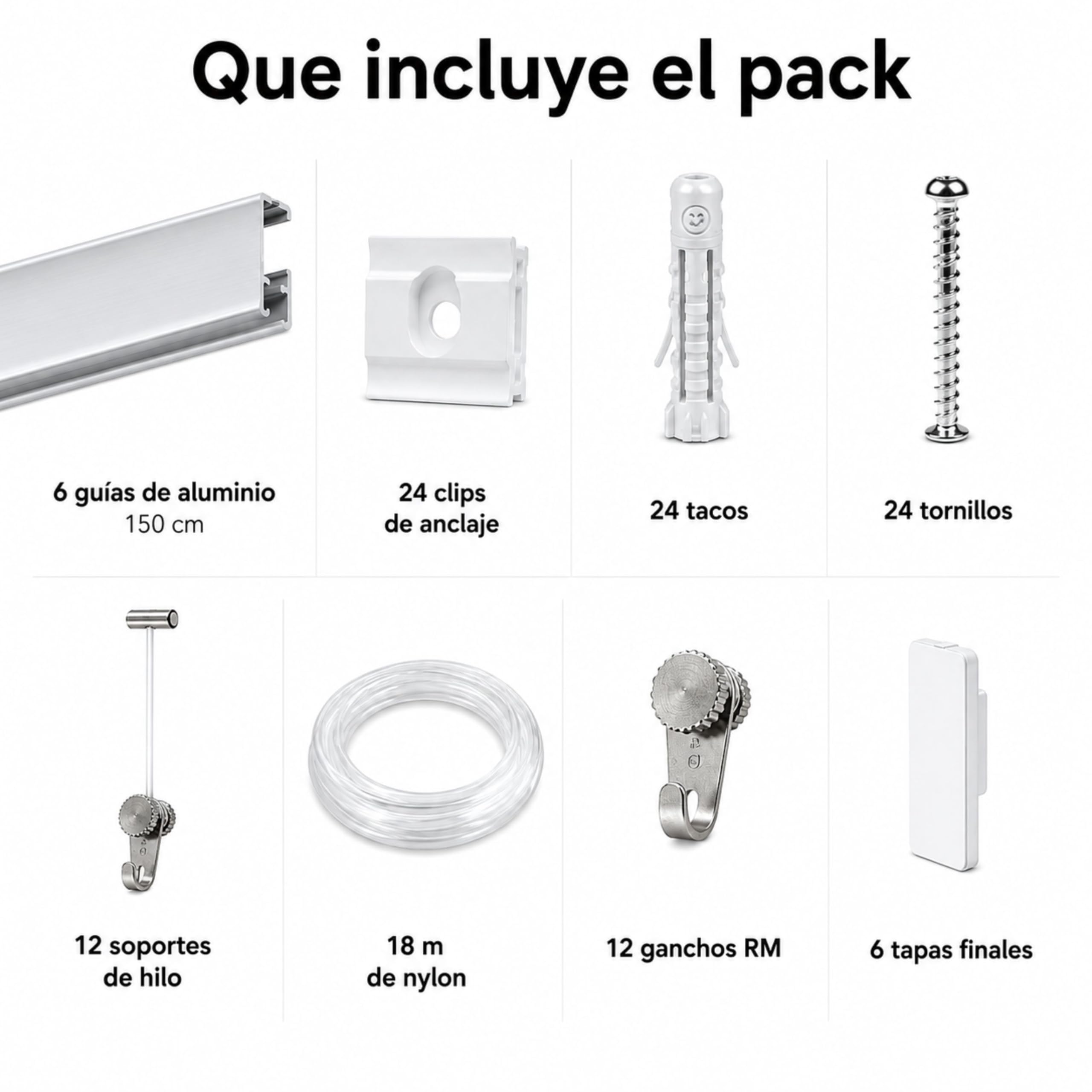 riel colgar cuadros pack 9 metros Eurohang guías aluminio Plata mate 150 cm con 12 colgadores RM nylon clips tapas tornillos