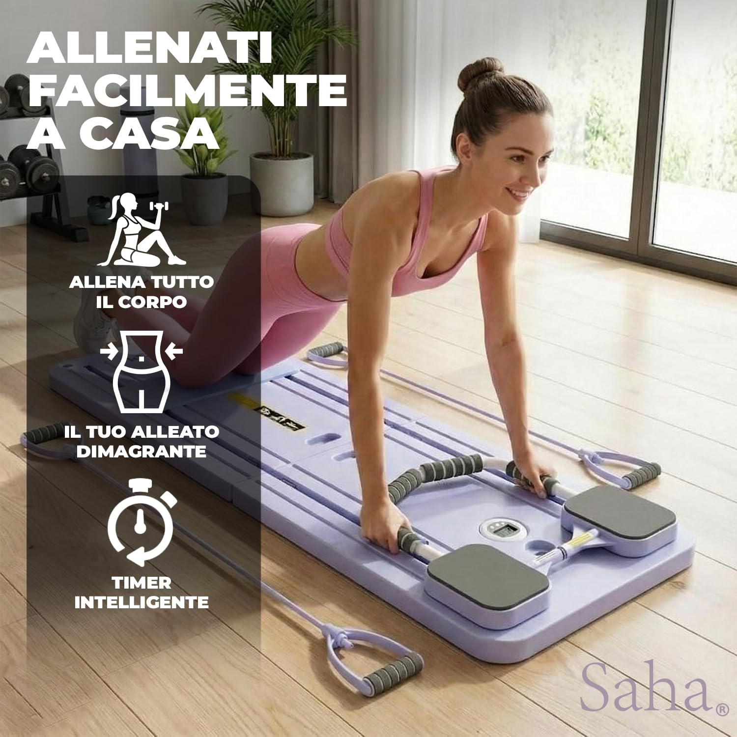 Saha® Tavola Pilates Reformer Viola | Attrezzo Addominali Fitness Casa con Bande di Resistenza, Maniglie e Timer | Yoga Core Allenamento Corpo Completo | Original Corner